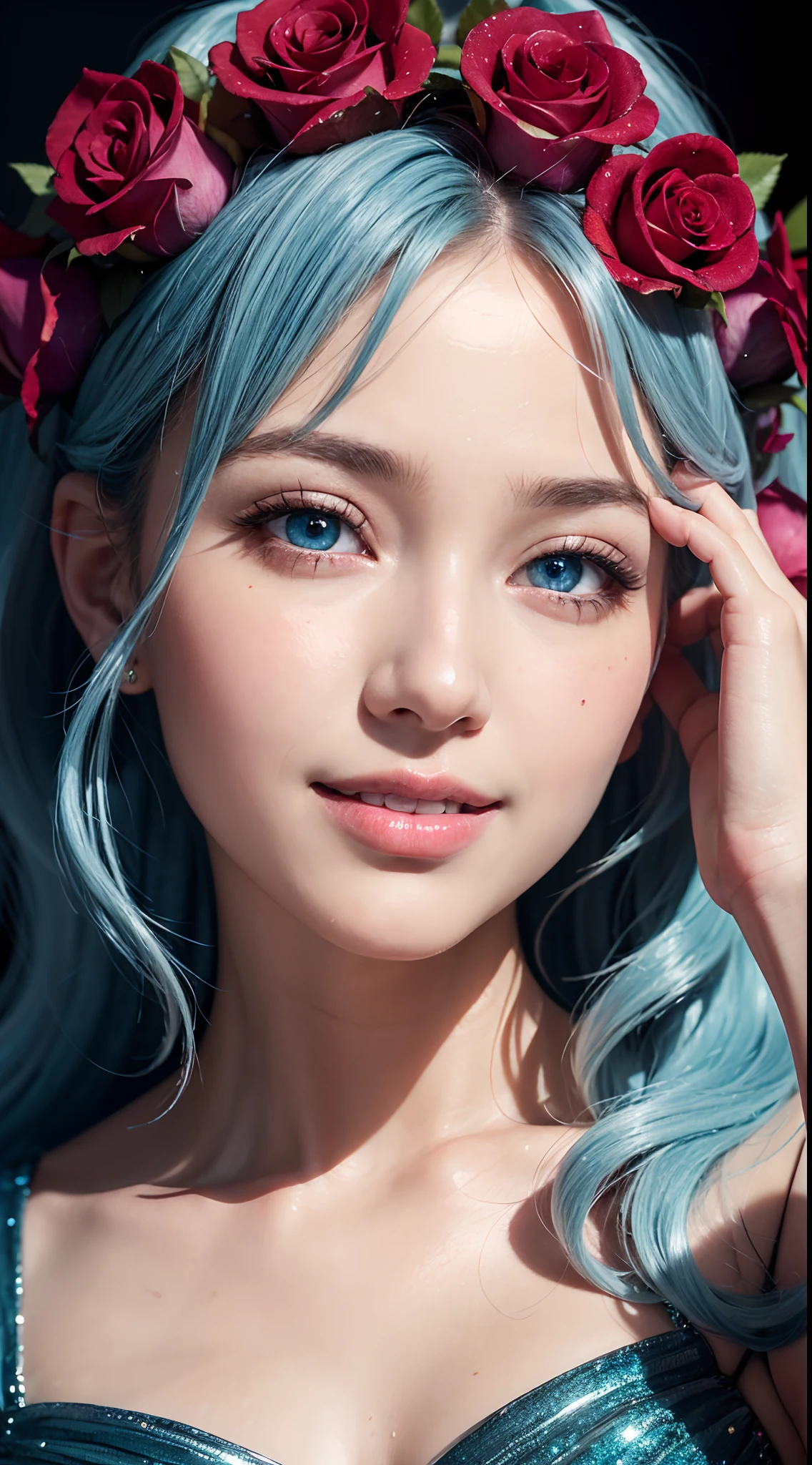 (Best quality,4K,A high resolution),Ultra-detailed,Realistic:1.37,Portrait,Blue wavy hair,(Blue eyes,Reflective pupils),Pink plump lips,seduct smile,(A transparent dress decorated with roses),Fair complexion
