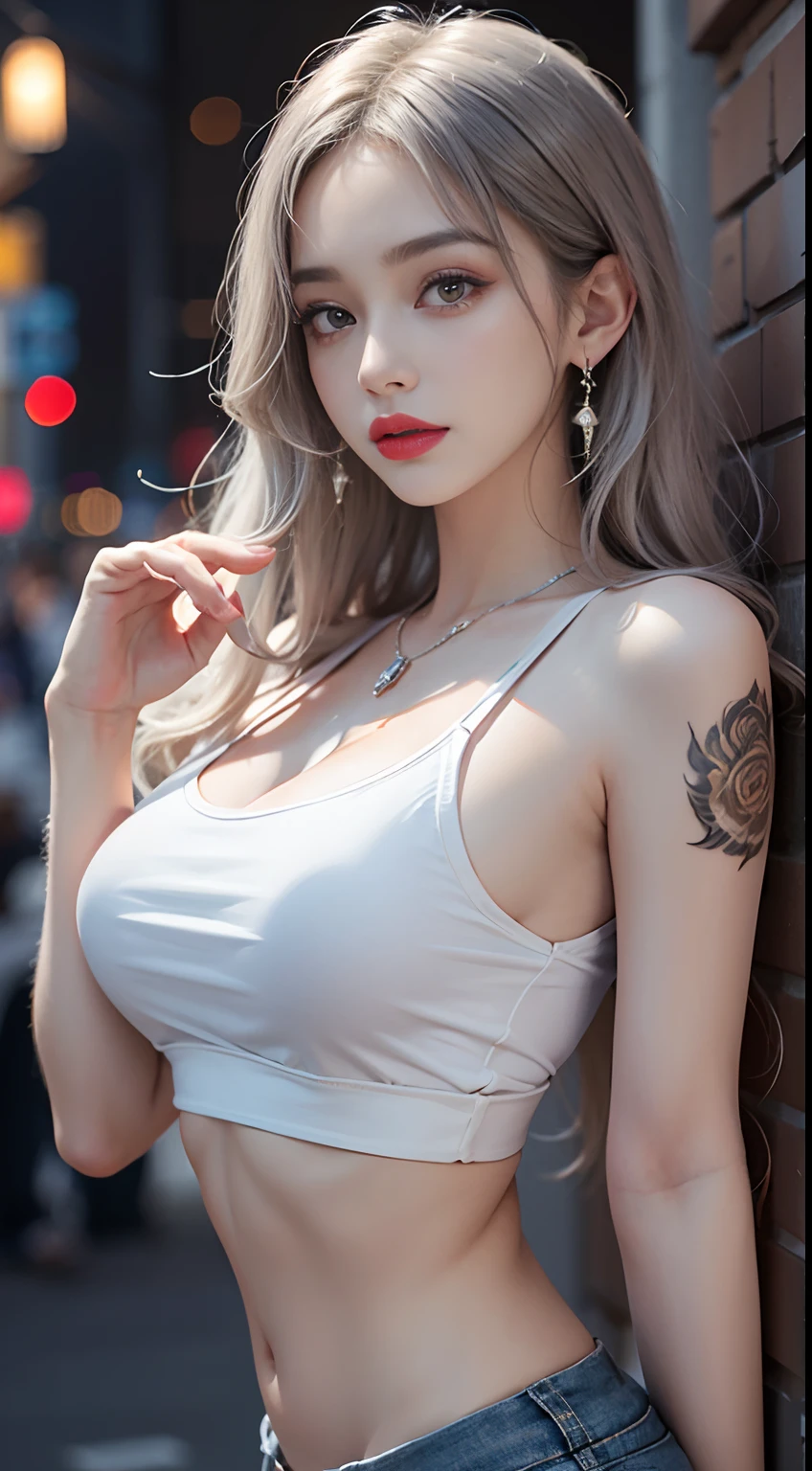 Urban beautiful girl college student, masterpiece, light makeup, red lips, silver hair, messy long hair, street background, beautiful, elegant. Ultra-fine details, master works, real texture, cinematic lighting realism, perfect work, 8k, HD, exquisite facial features, white tight open-cut top, transparent white tight shorts, slim figure, bright big eyes, smooth skin, earrings, necklace, tattoos