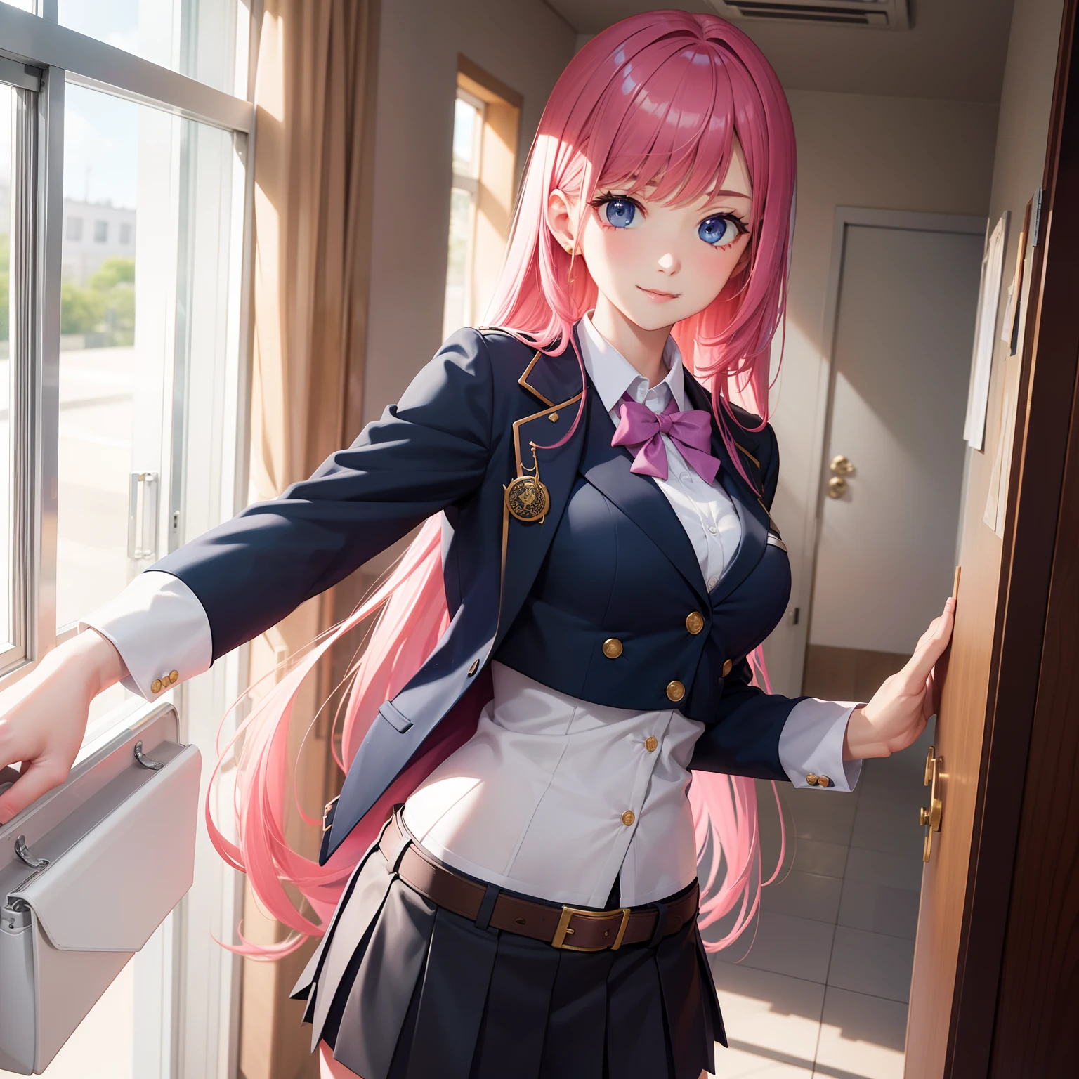 full body Esbian, masutepiece: 1.2, Highest Quality), (Live-action, elaborate details), (1 Lady, Solo, Upper body,) Clothing: Edgy, Navy Blazer, pink miniskirt, High School Uniform , Avant-garde, Experimental appearance: Long pink hair Location: School, crass room, Solo, Nice smile, spark of light, rainbows、brilliance、Value Creation in Mixed Media Art: individuality, authenticity, Creative expression