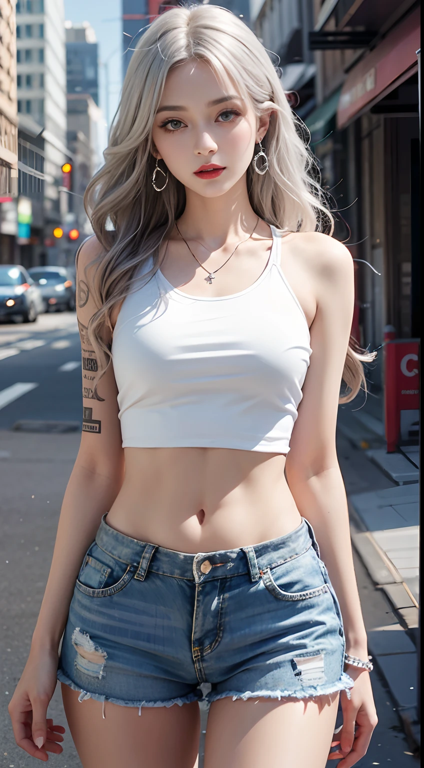 Urban beautiful girl college student, masterpiece, light makeup, red lips, silver hair, messy long hair, street background, beautiful, elegant. Ultra-fine details, master works, real texture, cinematic lighting realism, perfect work, 8k, HD, exquisite facial features, white tight open-cut top, transparent white tight shorts, slim figure, bright big eyes, smooth skin, earrings, necklace, tattoos