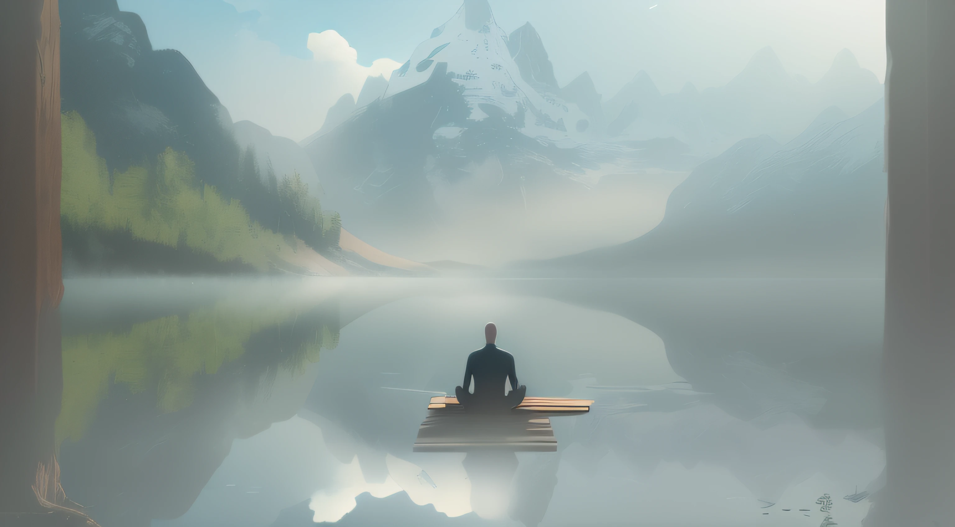 a man meditating at a mountain lake, peaceful atmosphere, mist, mindfulness, heaven light