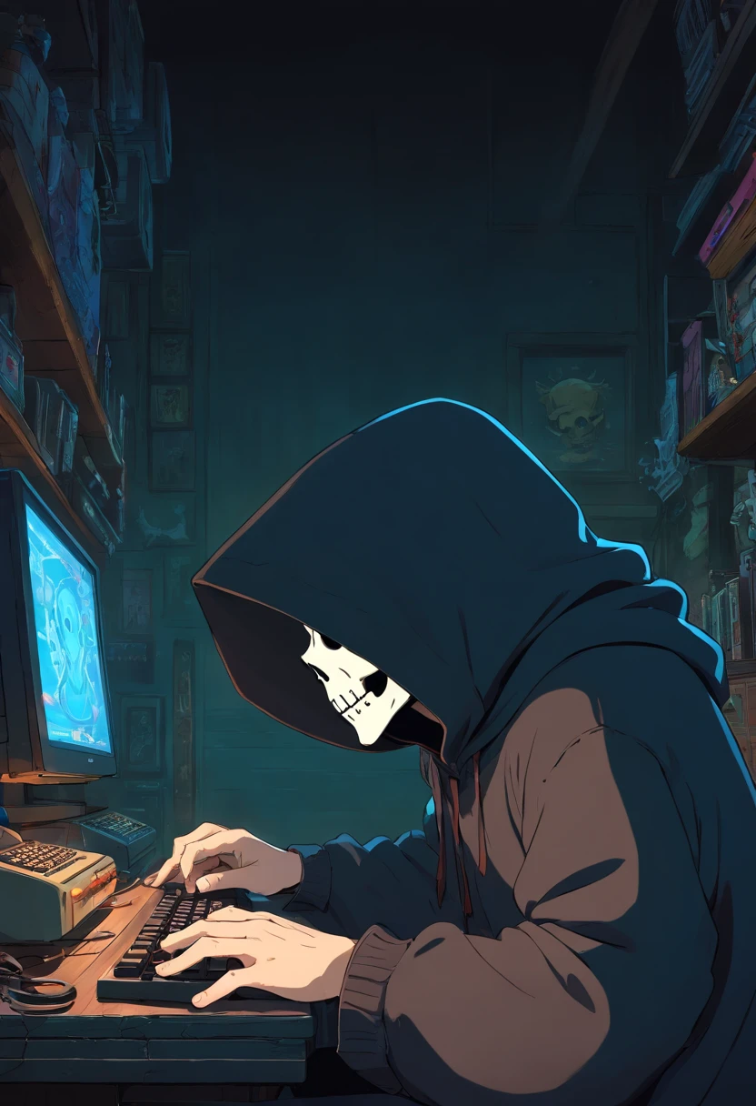 A man with a skull mask in a black hood streams a game on a computer in a very dark room