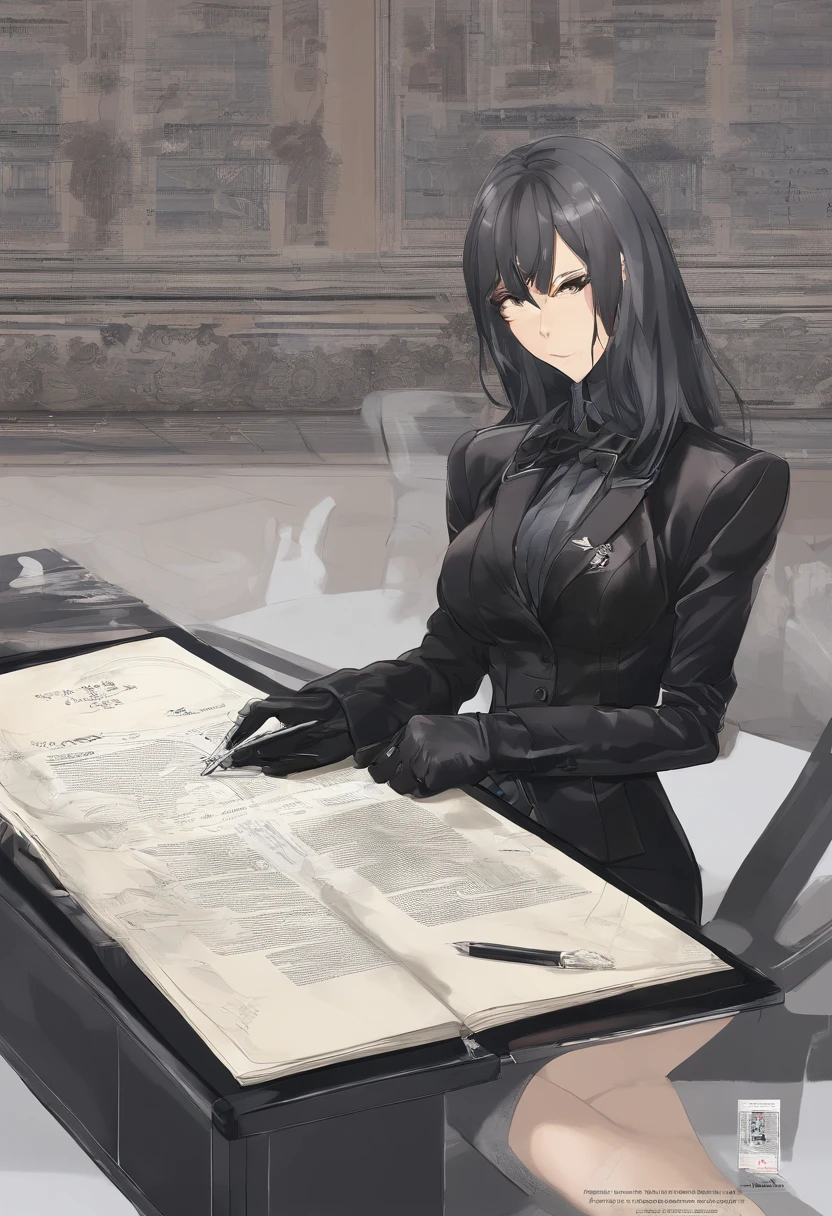 Wearing black leather gloves in both hands, upper body, black business suit, facing the desk in the modern study in the dark, looking down, smiling, writing a letter using a fountain pen, long, straight black hair, young and cute face Japanese female new employee (black leather gloves cover both hands)