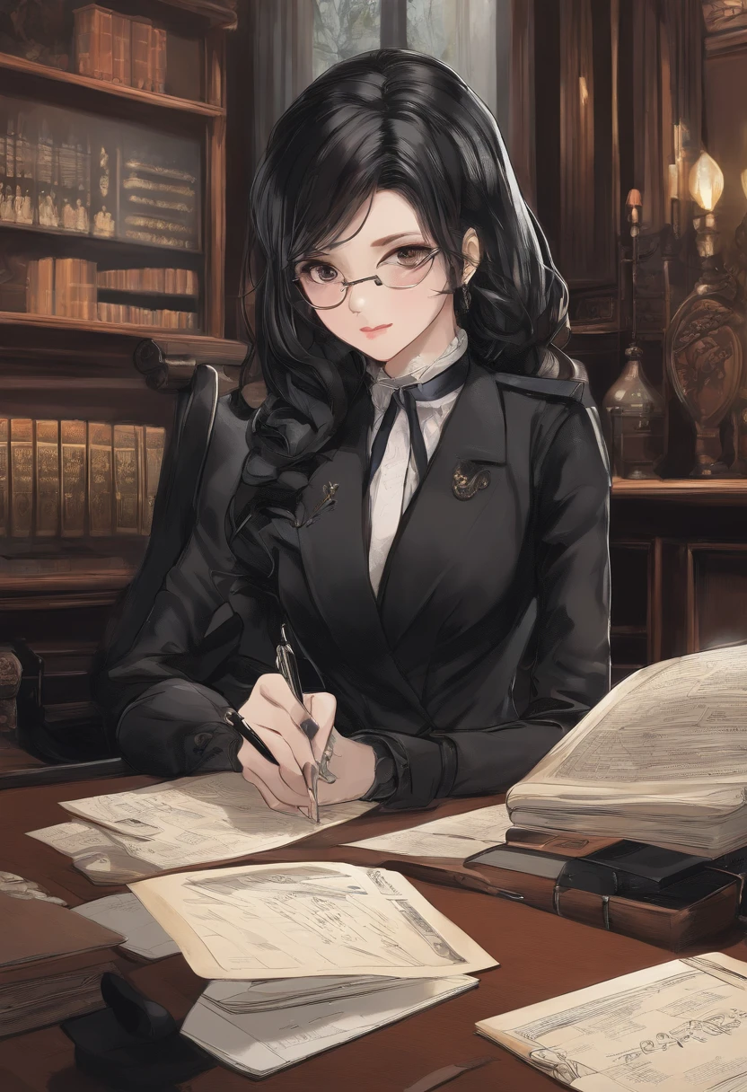 Wearing black leather gloves in both hands, upper body, black business suit, facing the desk in the modern study in the dark, looking down, smiling, writing a letter using a fountain pen, long, straight black hair, young and cute face Japanese female new employee (black leather gloves cover both hands)