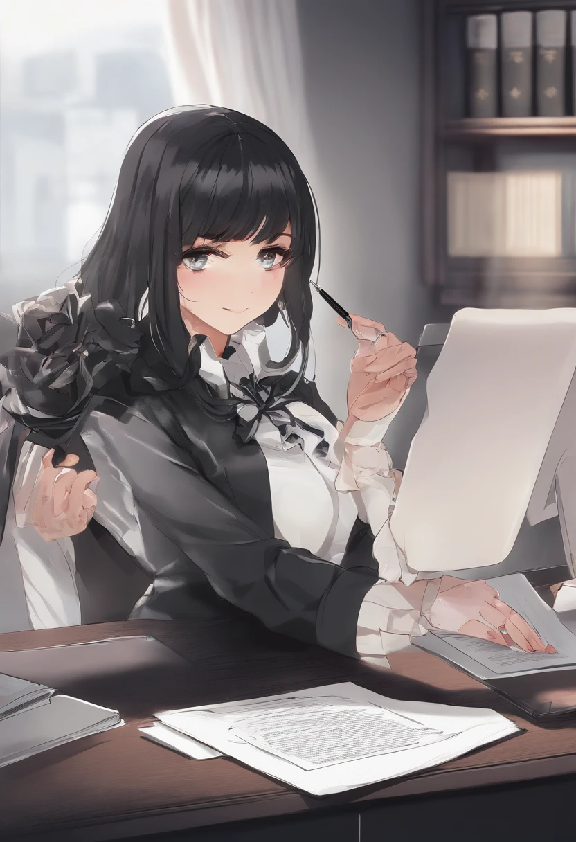 Wearing black leather gloves in both hands, upper body, black business suit, facing the desk in the modern study in the dark, looking down, smiling, writing a letter using a fountain pen, long, straight black hair, young and cute face Japanese female new employee (black leather gloves cover both hands)