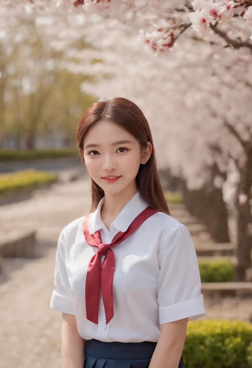 (teenage allure, 4K, high resolution, photo-realistic:1.3), 1girl wearing a Japanese school uniform,((japanese school shirt)), a sailor suit, short sleeves, White shirt,Dark blue pleated skirt,sailor collar, neckerchief, (neatly tied hair with a delicate ribbon:1.2), (bright eyes that exude youth and charm:1.2), standing in a schoolyard surrounded by cherry blossom trees, (gentle petals fluttering in the breeze:1.1), soft sunlight creating a warm ambiance, (subtle smile conveying innocence and allure:1.1), (Sony Alpha 6400 camera, ideal for capturing youthful charm:1.2), (paired with a Sony E 50mm f/1.8 OSS lens:1.2), (capturing her youthful charm with precision:1.1), (emphasizing the timeless beauty of a school setting:1.1), (highlighting her innocent yet alluring presence:1.1), (the image evoking a sense of youthful elegance and nostalgia:1.1),upper body