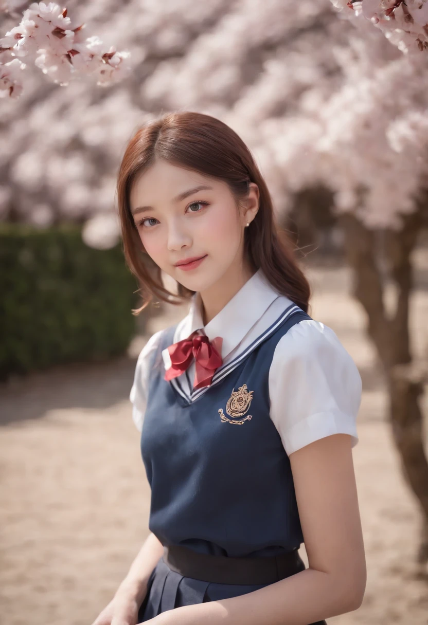 (teenage allure, 4K, high resolution, photo-realistic:1.3), 1girl wearing a Japanese school uniform，((japanese school shirt)), a sailor suit， short sleeves, White shirt，Dark blue pleated skirt,sailor collar, neckerchief, (neatly tied hair with a delicate ribbon:1.2), (bright eyes that exude youth and charm:1.2), standing in a schoolyard surrounded by cherry blossom trees, (gentle petals fluttering in the breeze:1.1), soft sunlight creating a warm ambiance, (subtle smile conveying innocence and allure:1.1), (Sony Alpha 6400 camera, ideal for capturing youthful charm:1.2), (paired with a Sony E 50mm f/1.8 OSS lens:1.2), (capturing her youthful charm with precision:1.1), (emphasizing the timeless beauty of a school setting:1.1), (highlighting her innocent yet alluring presence:1.1), (the image evoking a sense of youthful elegance and nostalgia:1.1),upper body