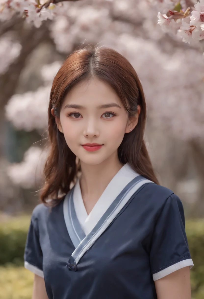(teenage allure, 4K, high resolution, photo-realistic:1.3), 1girl wearing a Japanese school uniform，((japanese school shirt)), a sailor suit， short sleeves, White shirt，Dark blue pleated skirt,sailor collar, neckerchief, (neatly tied hair with a delicate ribbon:1.2), (bright eyes that exude youth and charm:1.2), standing in a schoolyard surrounded by cherry blossom trees, (gentle petals fluttering in the breeze:1.1), soft sunlight creating a warm ambiance, (subtle smile conveying innocence and allure:1.1), (Sony Alpha 6400 camera, ideal for capturing youthful charm:1.2), (paired with a Sony E 50mm f/1.8 OSS lens:1.2), (capturing her youthful charm with precision:1.1), (emphasizing the timeless beauty of a school setting:1.1), (highlighting her innocent yet alluring presence:1.1), (the image evoking a sense of youthful elegance and nostalgia:1.1),upper body
