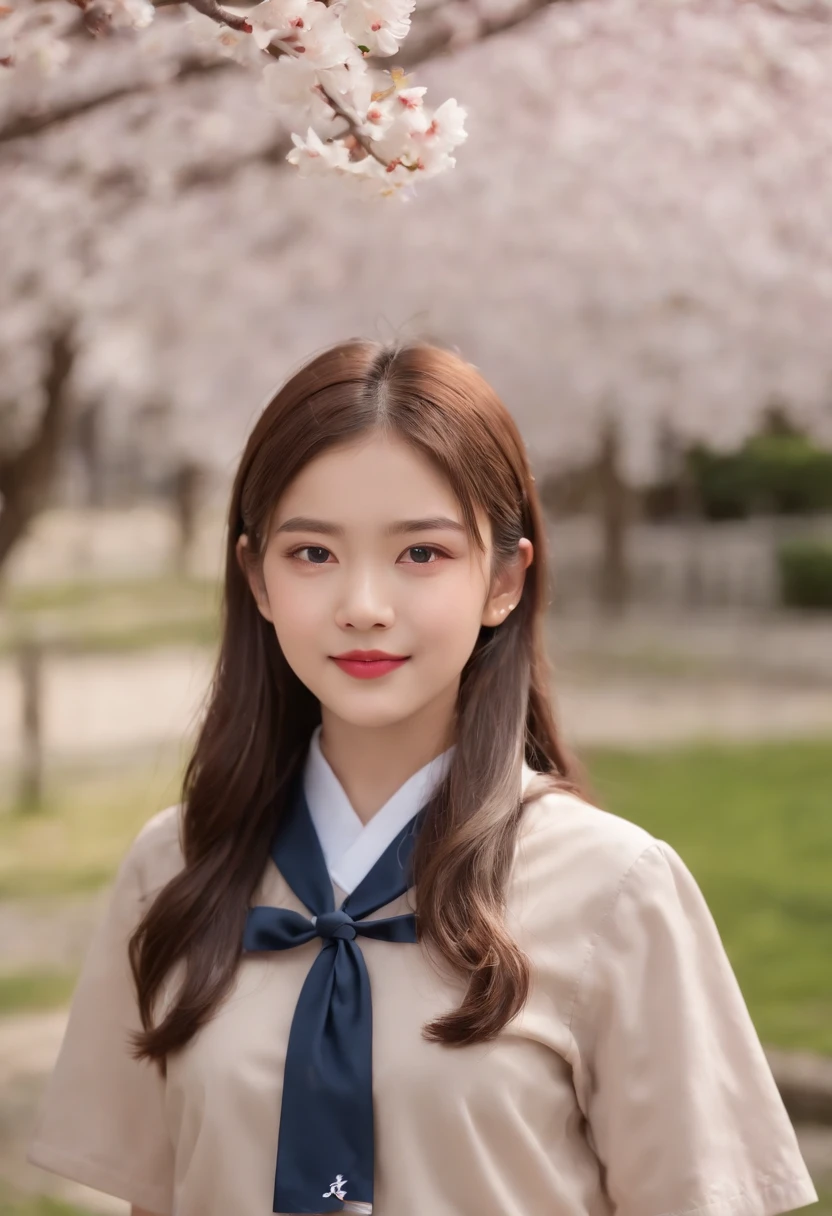 (age allure, 4K, high resolution, photo-realistic:1.3), 1girl wearing a Japanese school uniform,((japanese school shirt)), a sailor suit, short sleeves, White shirt,Dark blue pleated skirt,sailor collar, neckerchief, (neatly tied hair with a delicate ribbon:1.2), (bright eyes that exude youth and charm:1.2), standing in a schoolyard surrounded by cherry blossom trees, (gentle petals fluttering in the breeze:1.1), soft sunlight creating a warm ambiance, (subtle smile conveying innocence and allure:1.1), (Sony Alpha 6400 camera, ideal for capturing youthful charm:1.2), (paired with a Sony E 50mm f/1.8 OSS lens:1.2), (capturing her youthful charm with precision:1.1), (emphasizing the timeless beauty of a school setting:1.1), (highlighting her innocent yet alluring presence:1.1), (the image evoking a sense of youthful elegance and nostalgia:1.1),upper body