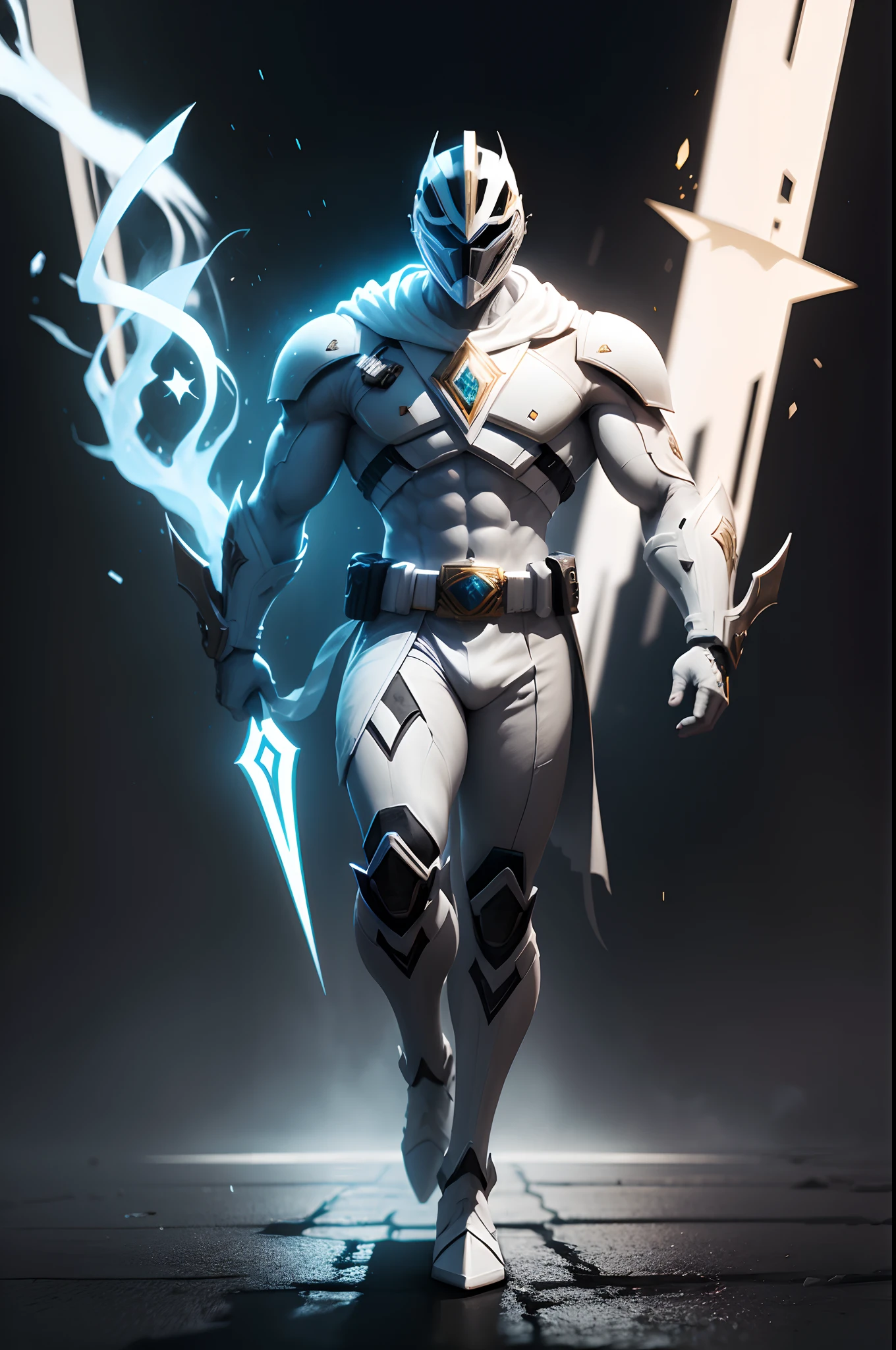 create a white power ranger , full body , mythic , black background ,a bit ancient theme