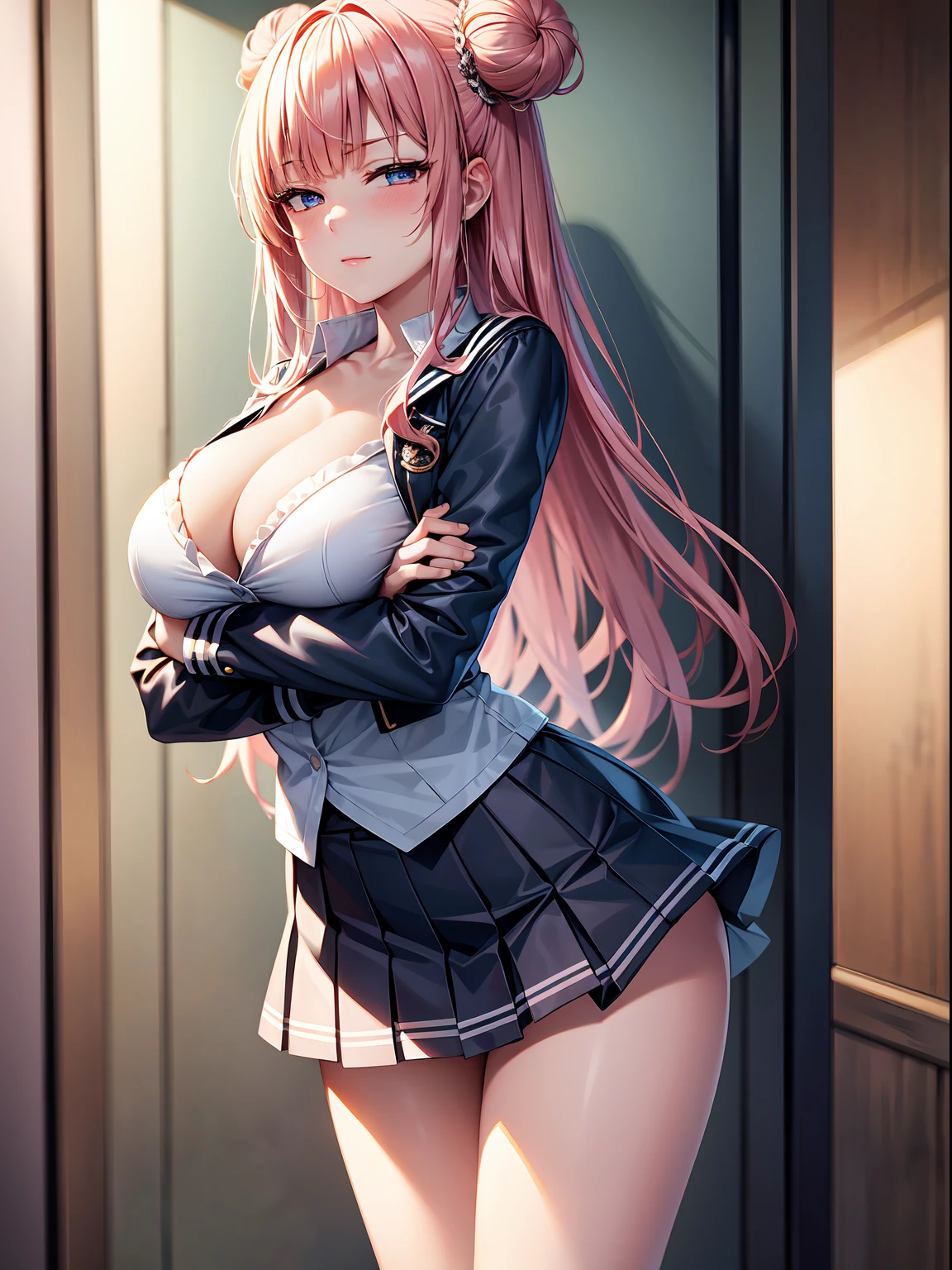 ((masterpiece)), ((Best Quality)), (ultra-detailed), ((extremely detailed)), 4K, (8K), best quality, top-quality, anime style, 1girl, solo, The most detailed skin, (bold lines:1.2), cowboy shot, (breast hold), (crossed arms:1.3), (leaning forward:1.3), //, Student uniform based on sailor suit, shorter blazer to emphasize cleavage, short skirt with light-colored frills to emphasize upskirt, high socks, school shoes, //, (large breasts), (Slender legs), breasts falling aside, Perfect eyes, Perfect iris, //, (half closed eyes:1.5), (sexual expression:1.2), smirk, blush//, Semi-long bun hair style, Pink hair color, (beautiful eyes), //, Dark school corridor at the end, flickering light bulb