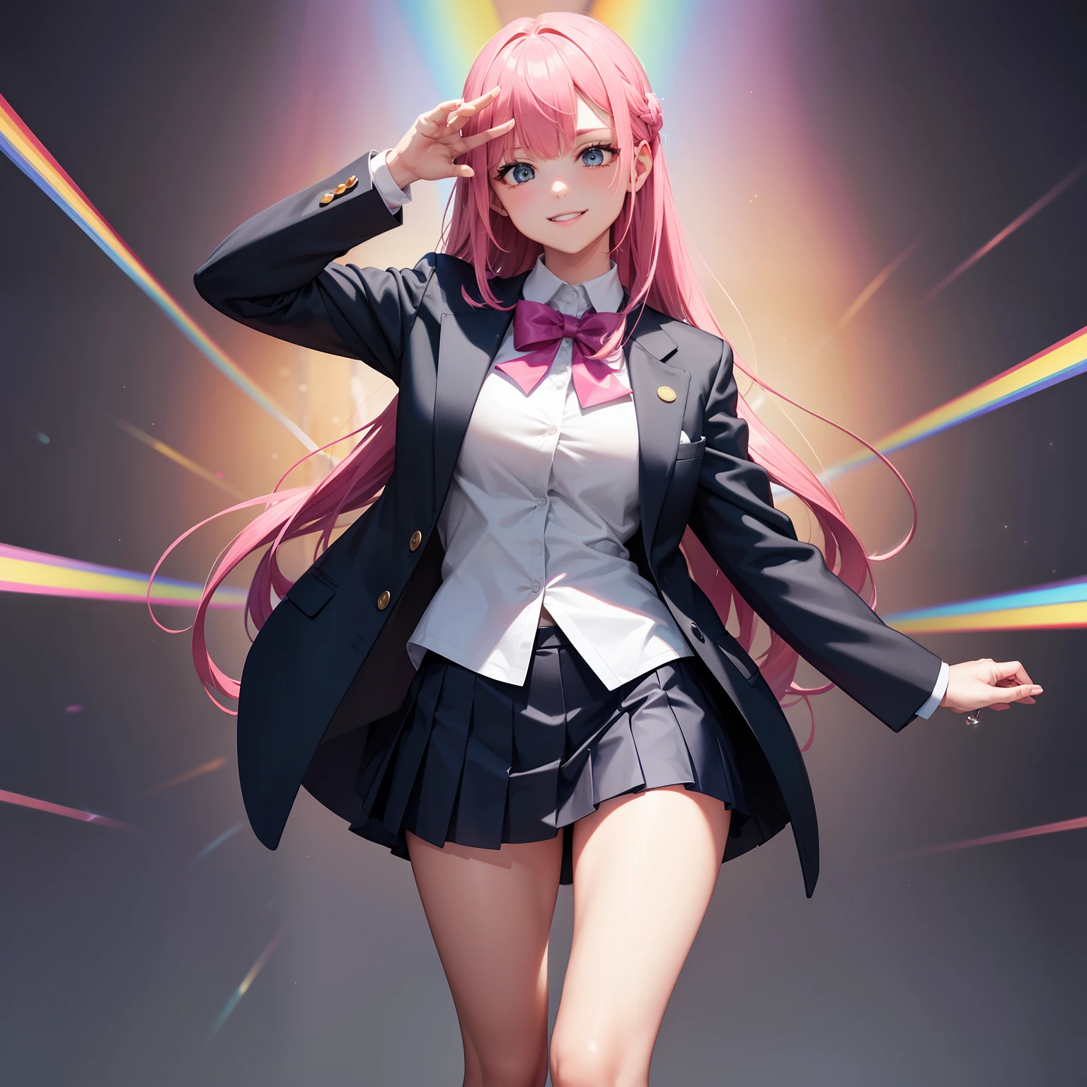 full body Esbian, masutepiece: 1.2, Highest Quality), (Live-action, elaborate details), (1 Lady, Solo, Upper body,) Clothing: Edgy, Navy Blazer, pink miniskirt, High School Uniform , Avant-garde, Experimental appearance: Long pink hair Location: School, crass room, Solo, Nice smile, spark of light, rainbows、brilliance、Value Creation in Mixed Media Art: individuality, authenticity, Creative expression
