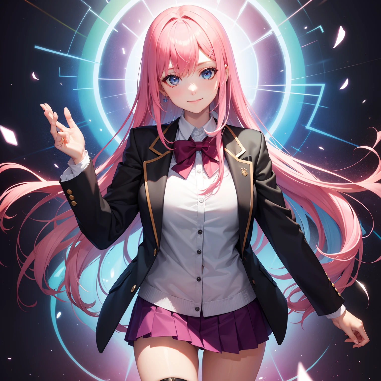 full body Esbian, masutepiece: 1.2, Highest Quality), (Live-action, elaborate details), (1 Lady, Solo, Upper body,) Clothing: Edgy, Navy Blazer, pink miniskirt, High School Uniform , Avant-garde, Experimental appearance: Long pink hair Location: School, crass room, Solo, Nice smile, spark of light, rainbows、brilliance、Value Creation in Mixed Media Art: individuality, authenticity, Creative expression