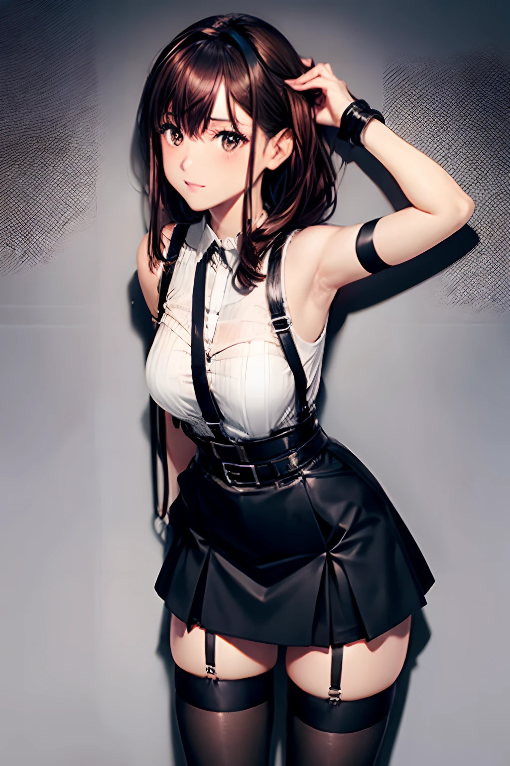 Black skirt, 　suspenders, Brown hair Gray eyes, Garter belt on the legs, Tight black clothes, 　　 a belt　Armpit sweat　　Dark look　Moderately breasts　holster　Shortcut forehead center