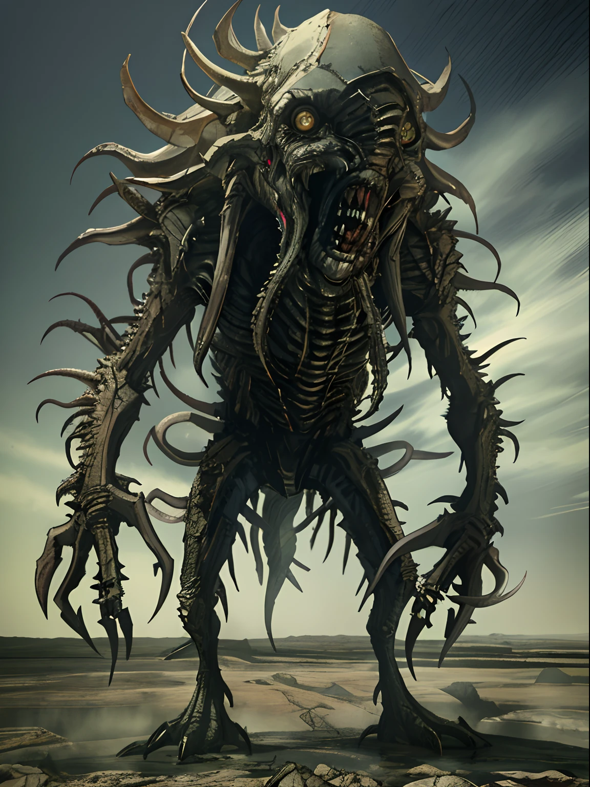 Photography of nightmarish monster fusion, Twisted into a grotesque and disturbing creature. Its limbs are twisted and mismatched, Serrated teeth protrude from the deformed head. This creature stands on a desolate wasteland, It is surrounded by jagged rocks and turbidity, Toxic pools. The composition is shot at a low angle, Capture the towering presence and creepy charm of the monster. The lights are dazzling, Cast sharp shadows,Emphasize the deformity of organisms. The photograph embodies the dark and disturbing nature of a monster that triggers nightmares, rays of sunshine, insanely details, Cinematic, epic realistic, Intricate details, ultra - detailed, High quality, primitive, author:Jakub Rozalski