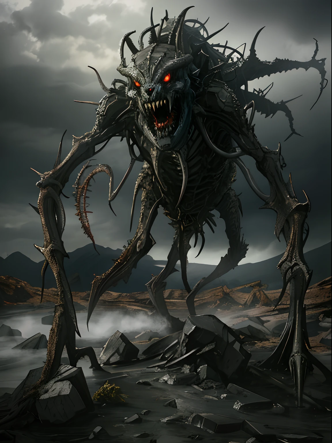 in (medium full shot:3.1) of lot of characters from (cosmic horror:3.1), inspired by Zdzislaw Beksinski and Heavy Metal Magazine, Cyberpunk apocalypse in chaotic world, monsters and robots, wayne barlowe, pierre pellegrini, (with Creepy, Sci-Fi, Fantasy and Horror:2.9) retro sci fi, Horror movie, very detailed body, moody, epic, ((Cinematic film)), ((Ultra Detailed)), Complex, ((Sharp Focus)), Object Texture, Studio Photo, Complex Details, ((Highly Detailed)), Photo Real Style, ((Hyper-realistic)), High Dynamic Range, ((Realistic Textures)), 8K UHD, Nikon D 850, Kodak Portra 400, Fujifilm XT, 3D rendering