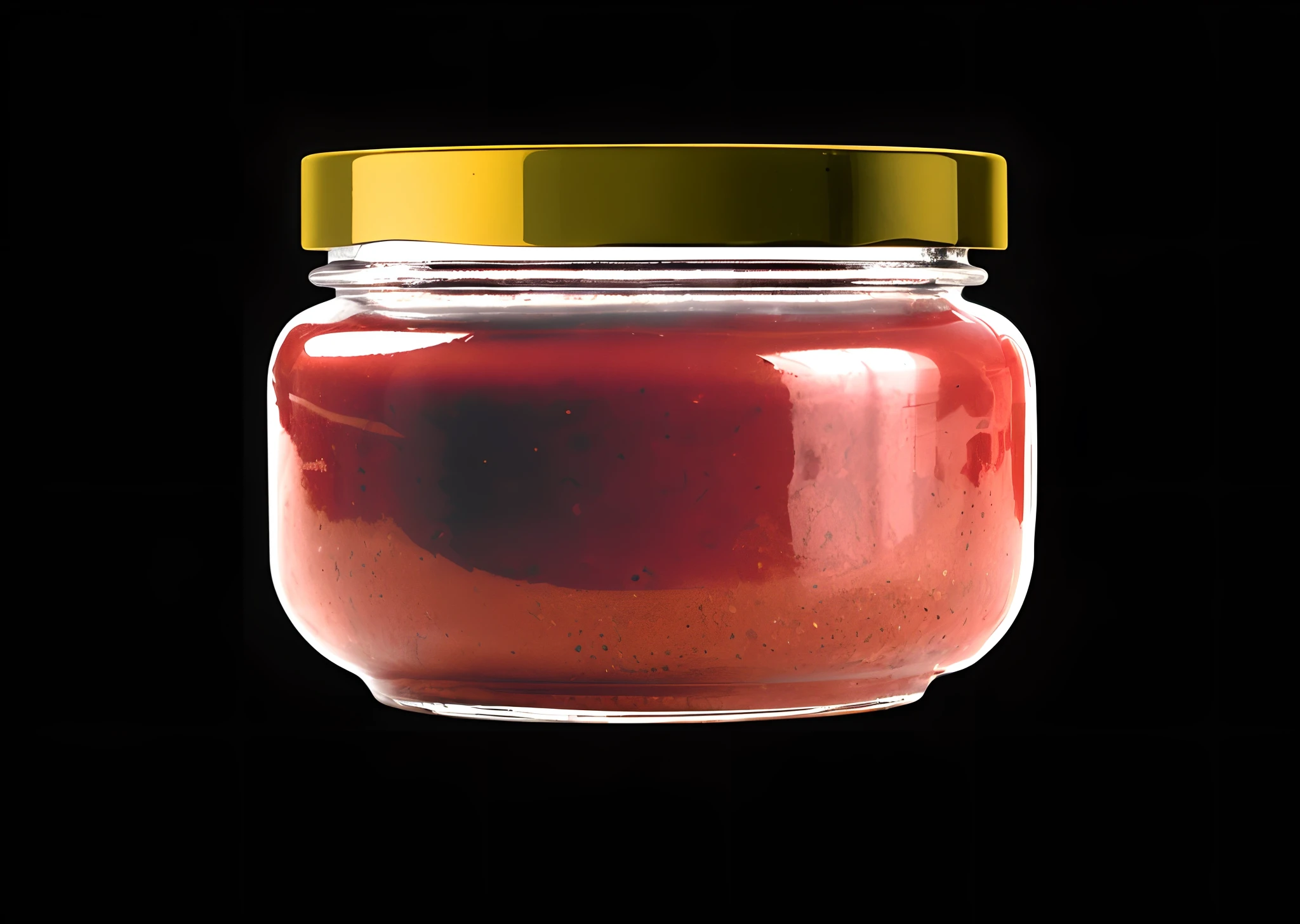 There was a jar of jam，Gold cover on black background, Sauce, jars, high quality topical render, hyperdetailed scp artifact jar, red caviar instead of sand, Gray ketchup, inside a glass jar, Glass Kan, jar on a shelf, on black background, red realistic 3 d render, author：Juan O'Gorman, ketchup, a digital rendering，HD without impurities