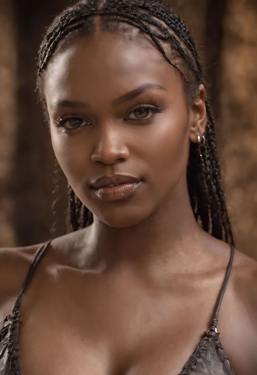 A dark-skinned naked muscle goddess with gigantic breasts is chained to a pole in a dungeon with her hands behind her head , extremely huge breasts, Gigantic Boobs, plump breasts like balloons, braune Brustwarzen mit riesigen Nippeln, unbekleidet, naßgeschwitzt, very muscular, gorgeous face, Gesichtsausdruck ist ernst und tapfer, beautiful african woman, schlank, Sklavin, stolze Pose, (fotorealistisch:1.25), (highest quality), awards winning, Meisterwerk:1.45),
