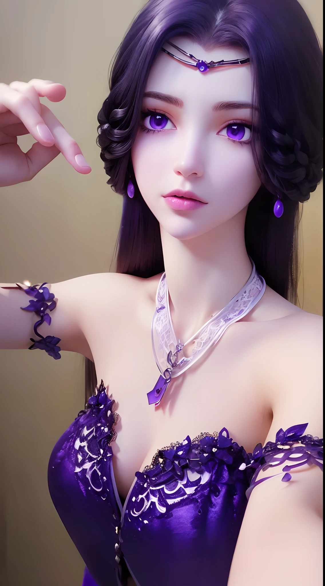 A beautiful and sexy 20 year old girl, extremely sexy girl in a thin purple strapless nightgown, a nightgown made of purple silk with sexy lace trim, long hair and purple bangs , most detailed and beautiful hair jewelry, ((wearing purple lace necklace:1.6)), Super cute little face, very pretty face, sparse eyebrows, beautiful and flawless face, ((pupils black eyes:0.8)), very beautiful eyes, ((purple eyes:1.4)), beautiful makeup and detailed eyelashes, high nose, earrings, red lips, ((closed mouth:1;5 )) beautiful lips, slim arms, most beautiful thighs, ((2 arms reaching out to the sides: 1.5)), healthy limbs, rosy face, clean face, beautiful flawless face blemishes, smooth white skin, (big breasts: 1.5)), Plump breasts, beautiful cleavage, ((big and super round breasts: 1.8)), ((super tight breasts: 1.4)) , ((super breast augmentation : 1.6)), beautiful breasts, 2 hands behind her back, beautiful girl's upper body, 8k photo, super high quality, super realistic, 10x super pixel, real photo, dark studio, light border, two-tone light color , (high detail skin: 1.2), ultra 8k, soft light, high quality, volumetric lighting, realistic, Photo, high resolution, lighting, best photo, 4k quality, 8k , blur effect, Smooth and sharp, 10x pixels , (galaxy: 1.7), aurora, lightning, surreal graphics, most realistic graphics, alone, solo, Extremely sharp, surreal images , (((frontal portrait :1.2)))."