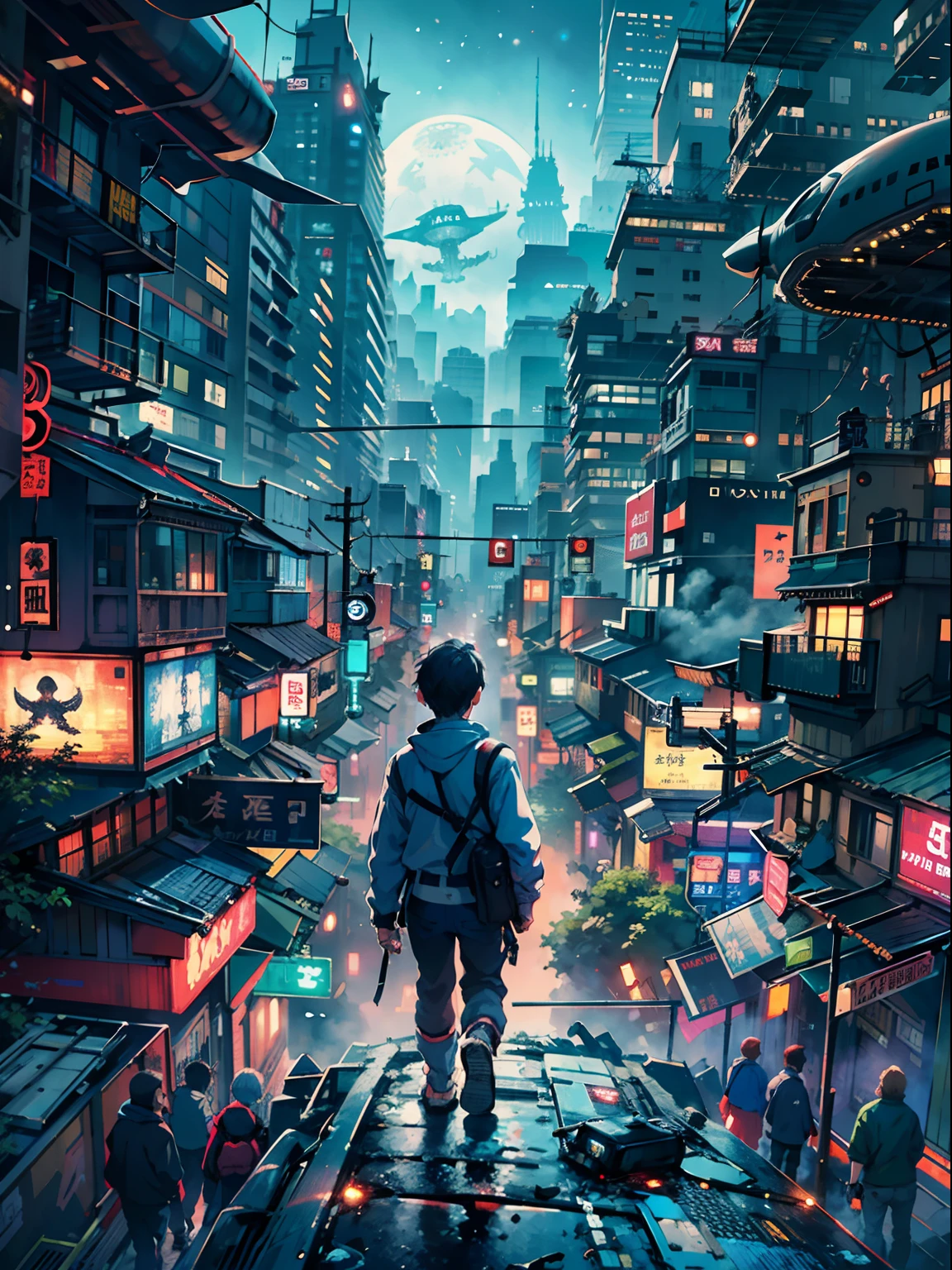 1boy,a 13 yo boy、Cyberpunk Boy、katanas,machine gun、Whole body bloody、The beginning of the adventure、Lots of clouds,heavy fog、starrysky、Moon,Chaotic city of the future、Movie dystopia、(Giant airship:1.5)、A group of very tall skyscrapers stands in the center、Very complex cityscape,Crowded Chinese skyscrapers、street signs、streetlights、taxis、buses、Train、Blue lighting,Dark road、puddles、Chaotic、Beautiful and fantastic scenery、Cinematic scenery、hightquality、masutepiece,in 8K、hight resolution、