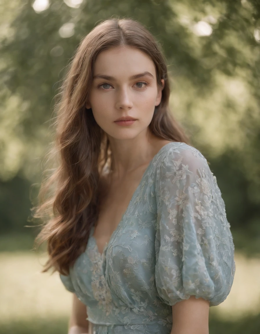 with young woman standing alone in a park, in the style of naturalist aesthetic, sovietwave, sony fe 85mm f/1.4 gm, intense close-ups, goosepunk, close-up, serene faces