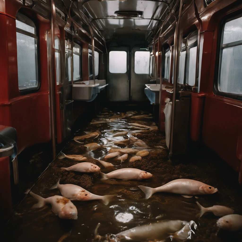 Fat woman in her 20s Japan spits out a large amount of food and internal organs from her wide open mouth with a look of distress while her face is distorted by the stench.、A hyper-realistic、Heavy downpouring rain、Woman's bedroom at night with dirty curtains closed due to large amounts of rotting internal organs, seafood, manure and vomit scattered in polluted and cloudy sewage flowing curving on the floor of the train.