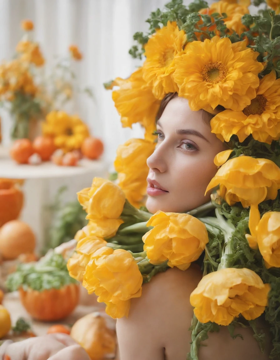 flower and vegetable by michel khan for stocksy united, in the style of surrealistic poses, sculptural and bold, quirky portraits, feminine sensibilities, made of cheese, flickr, juxtapositions extraordinaire