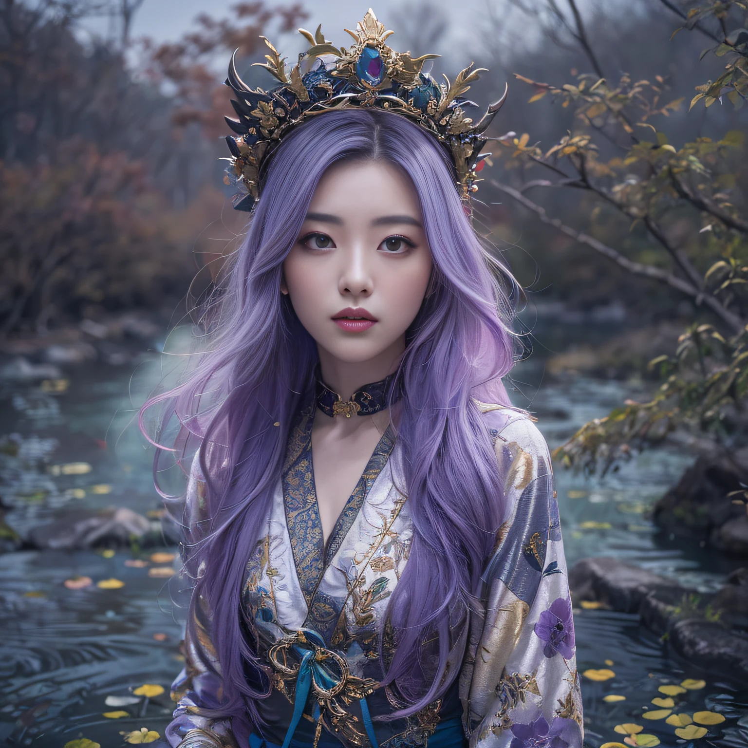 Genki Girl 32K（tmasterpiece，k hd，hyper HD，32K）Long flowing bright purple hair，Autumn Pond，zydink， a color， Asian people （Genki girl）， （Silk scarf）， Combat posture， looking at the ground， long whitr hair， Floating bright purple， Fire cloud pattern gold tiara， Chinese long-sleeved gold silk garment， （Abstract metaverse splash：1.2）， white backgrounid，Lotus vitality protector（realisticlying：1.4），Bright purple hair，Smoke on the road，The background is pure， A high resolution， the detail， RAW photogr， Sharp Re， Nikon D850 Film Stock Photo by Jefferies Lee 4 Kodak Portra 400 Camera F1.6 shots, Rich colors, ultra-realistic vivid textures, Dramatic lighting, Unreal Engine Art Station Trend, cinestir 800，A girl with long flowing bright purple hair