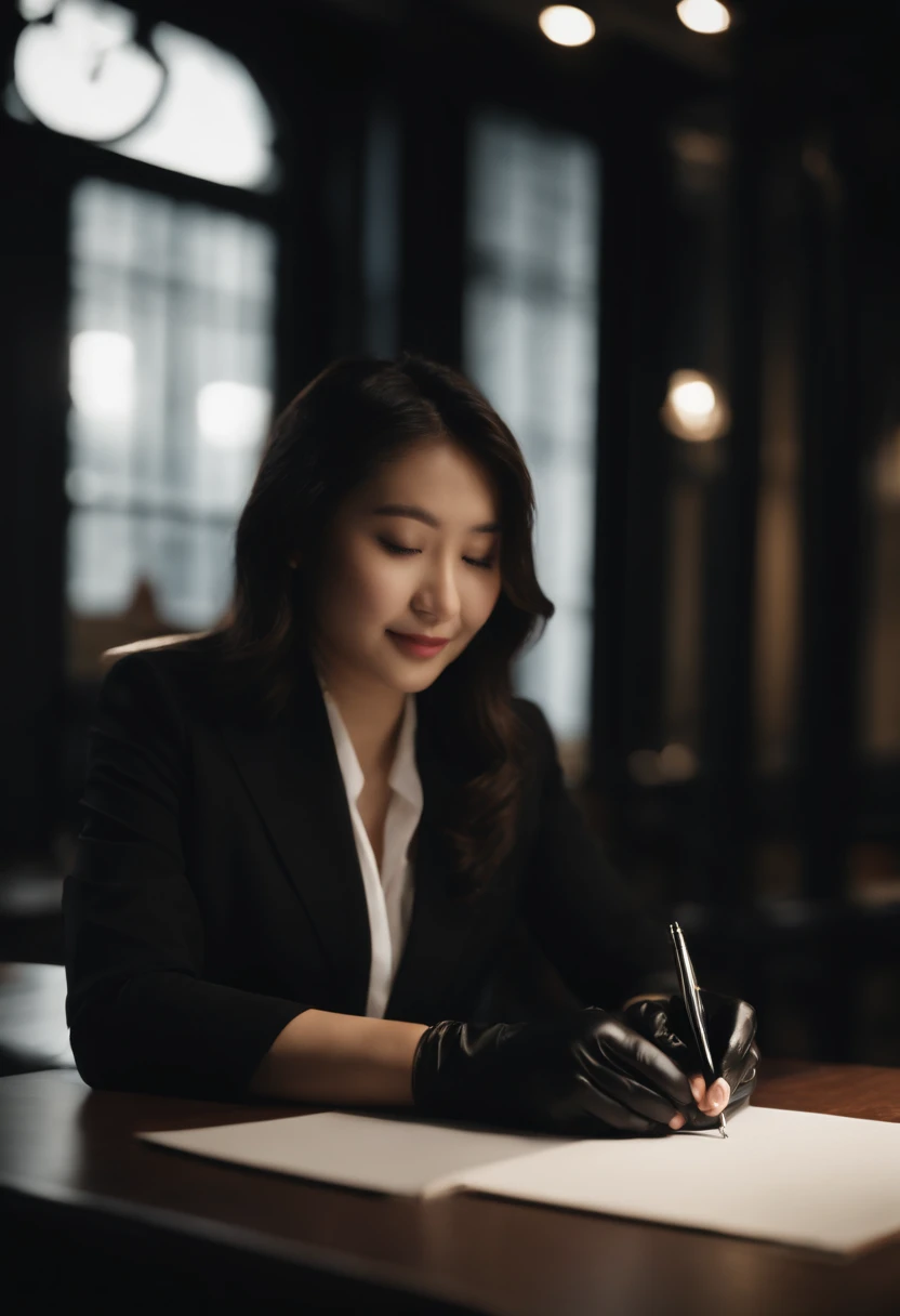 Wearing black leather gloves in both hands, upper body, black business suit, facing the desk in the modern study in the dark, looking down, smiling, writing a letter using a fountain pen, long, straight black hair, young and cute face Japanese female new employee (black leather gloves cover both hands)