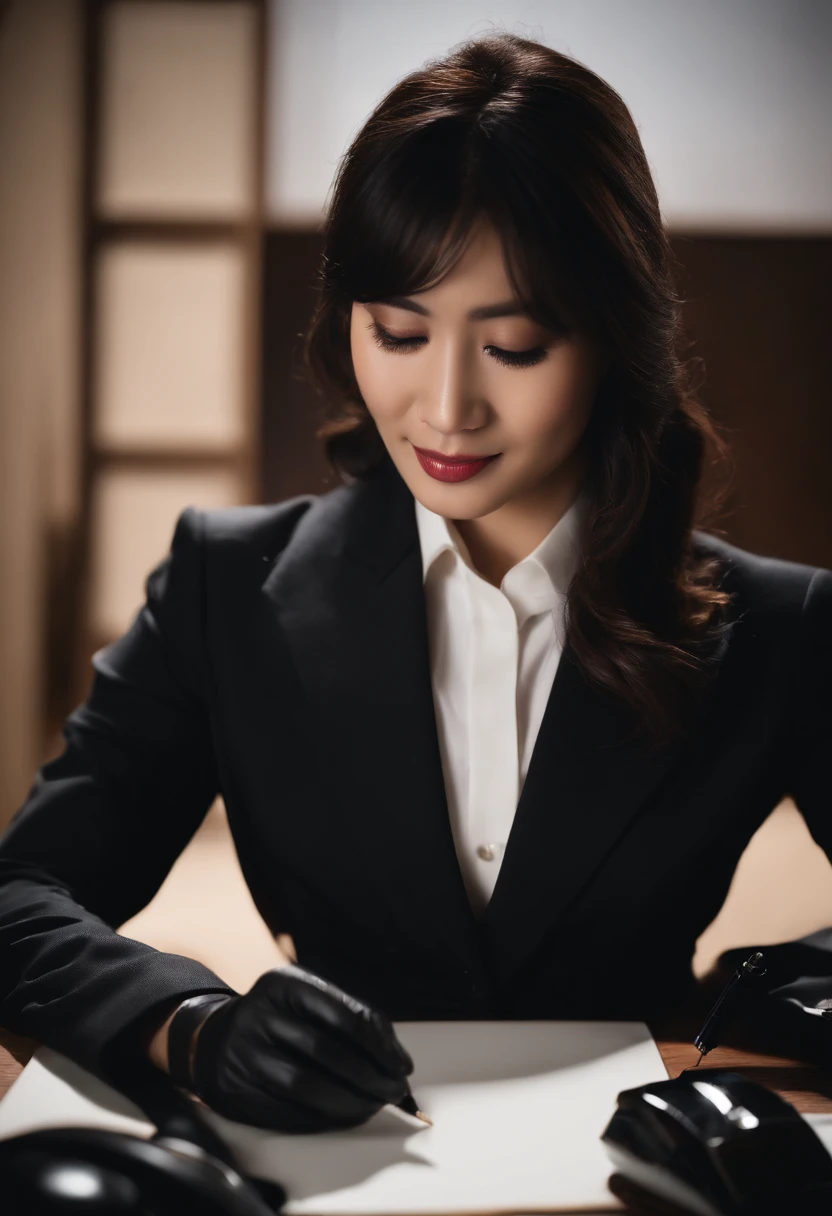 Wearing black leather gloves in both hands, upper body, black business suit, facing the desk in the modern study in the dark, looking down, smiling, writing a letter using a fountain pen, long, straight black hair, young and cute face Japanese female new employee (black leather gloves cover both hands)