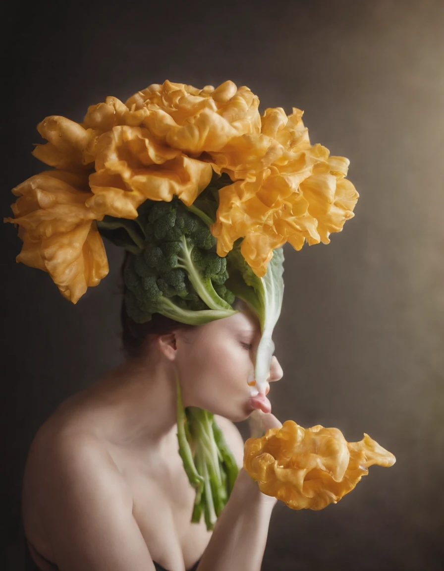 flower and vegetable by michel khan for stocksy united, in the style of surrealistic poses, sculptural and bold, quirky portraits, feminine sensibilities, made of cheese, flickr, juxtapositions extraordinaire