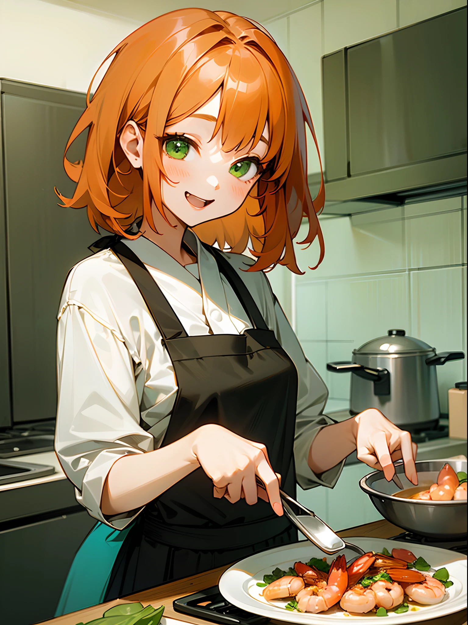 (1girl in、独奏、Competing Art、Orange hair、Green eyes、Laugh、Cooking in the kitchen、Cooking shrimp on a plate)