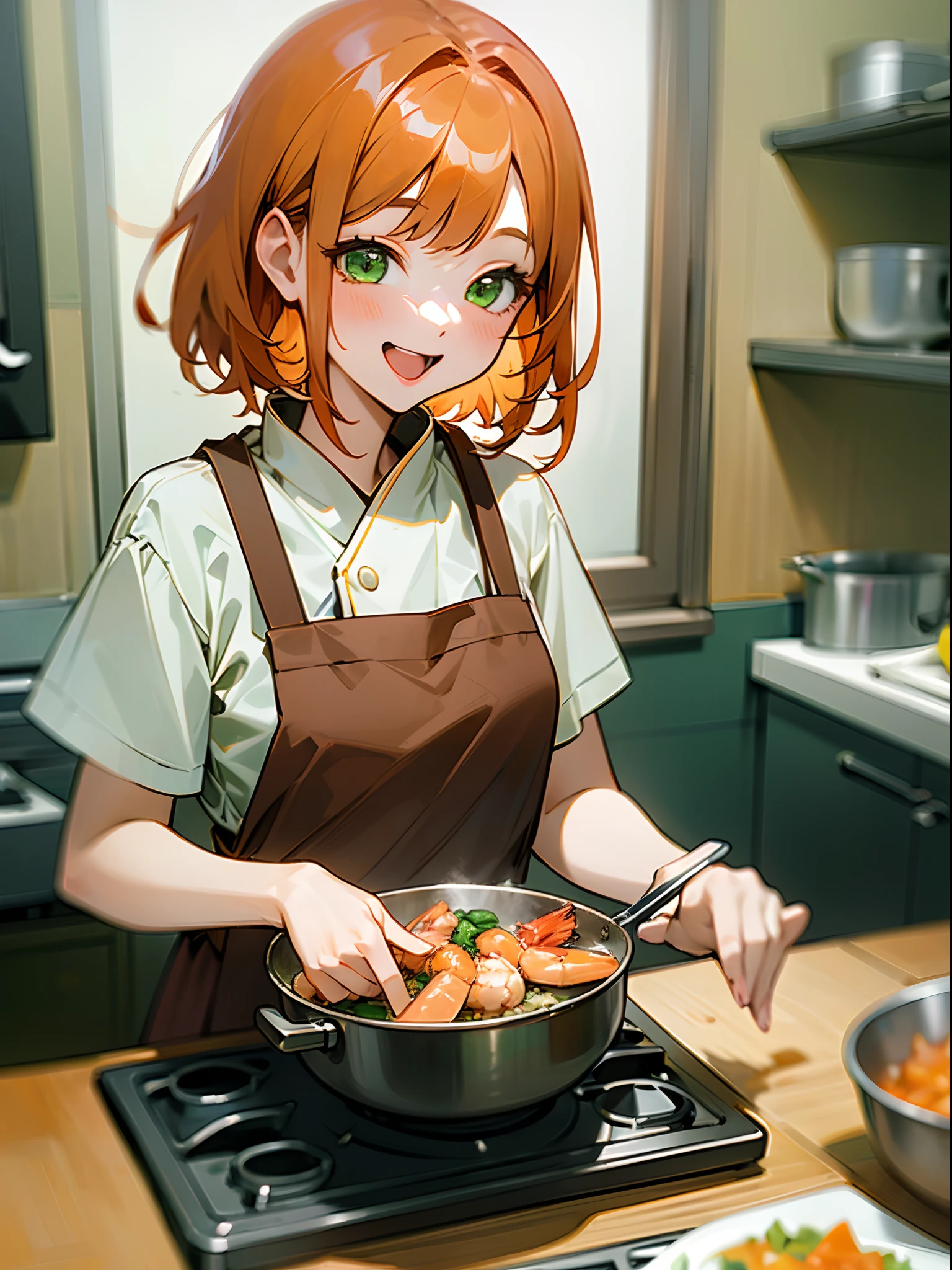 (1girl in、独奏、Competing Art、Orange hair、Green eyes、Laugh、Cooking in the kitchen、Cooking shrimp on a plate)