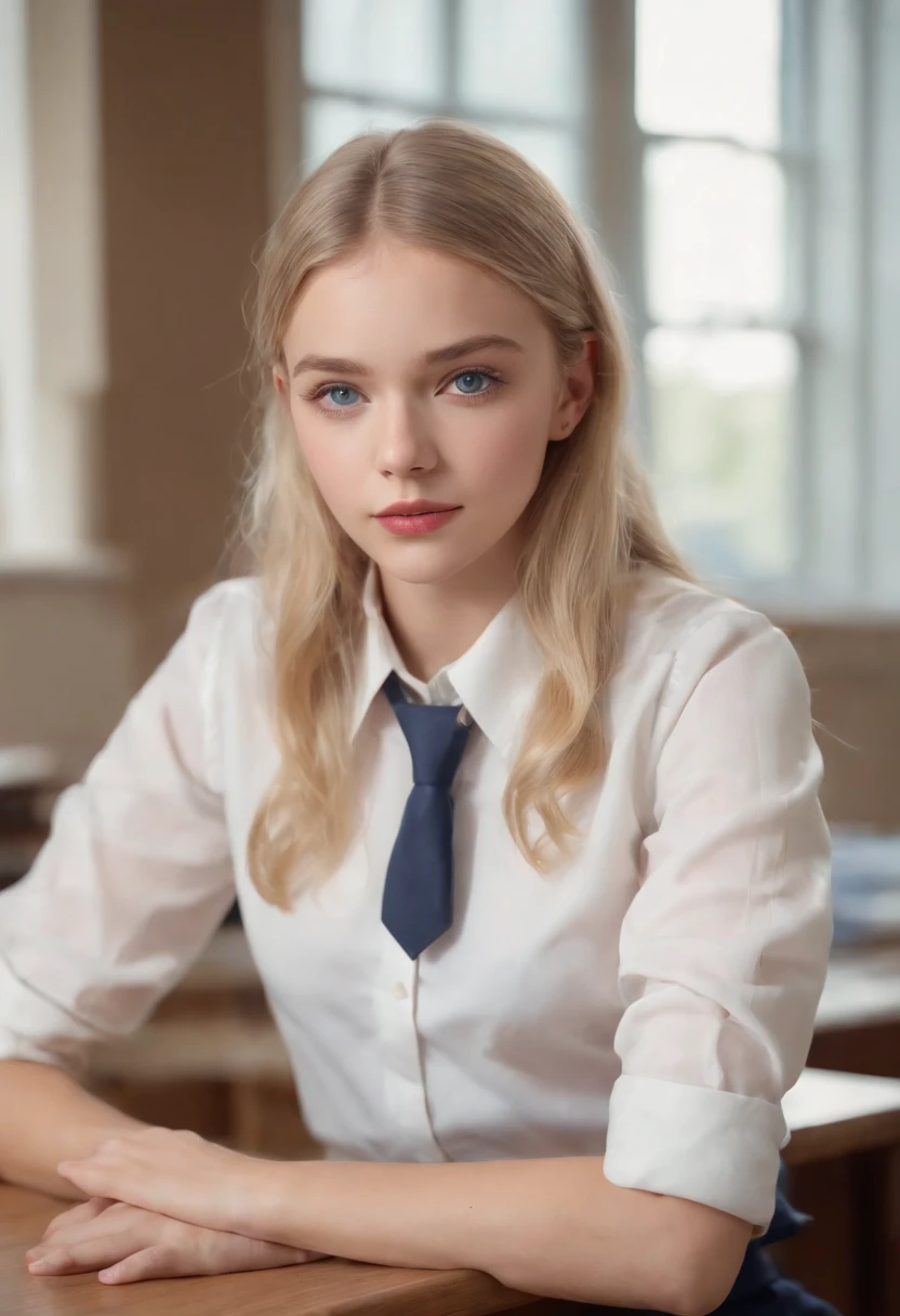 1 girl, hyperrealistic, school girl, uniform,20 years old, very beatifull,School uniform blue eyes, blonde hair, open legs,on desk, backround flue, 8k, touching legs, teen,cowboy shot