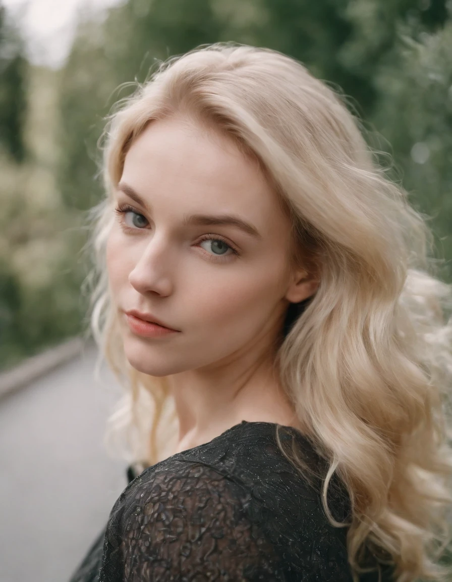 a young woman with blonde hair standing outside, in the style of poetic naturalism, zeiss planar t* 80mm f/2.8, kodak portra, uhd image, sovietwave, distinct facial features, light gray and green