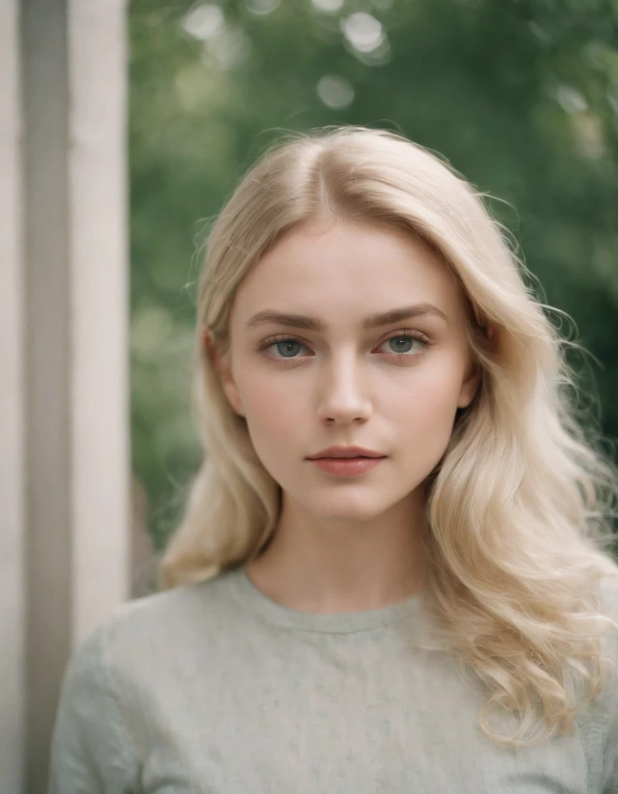 a young woman with blonde hair standing outside, in the style of poetic naturalism, zeiss planar t* 80mm f/2.8, kodak portra, uhd image, sovietwave, distinct facial features, light gray and green