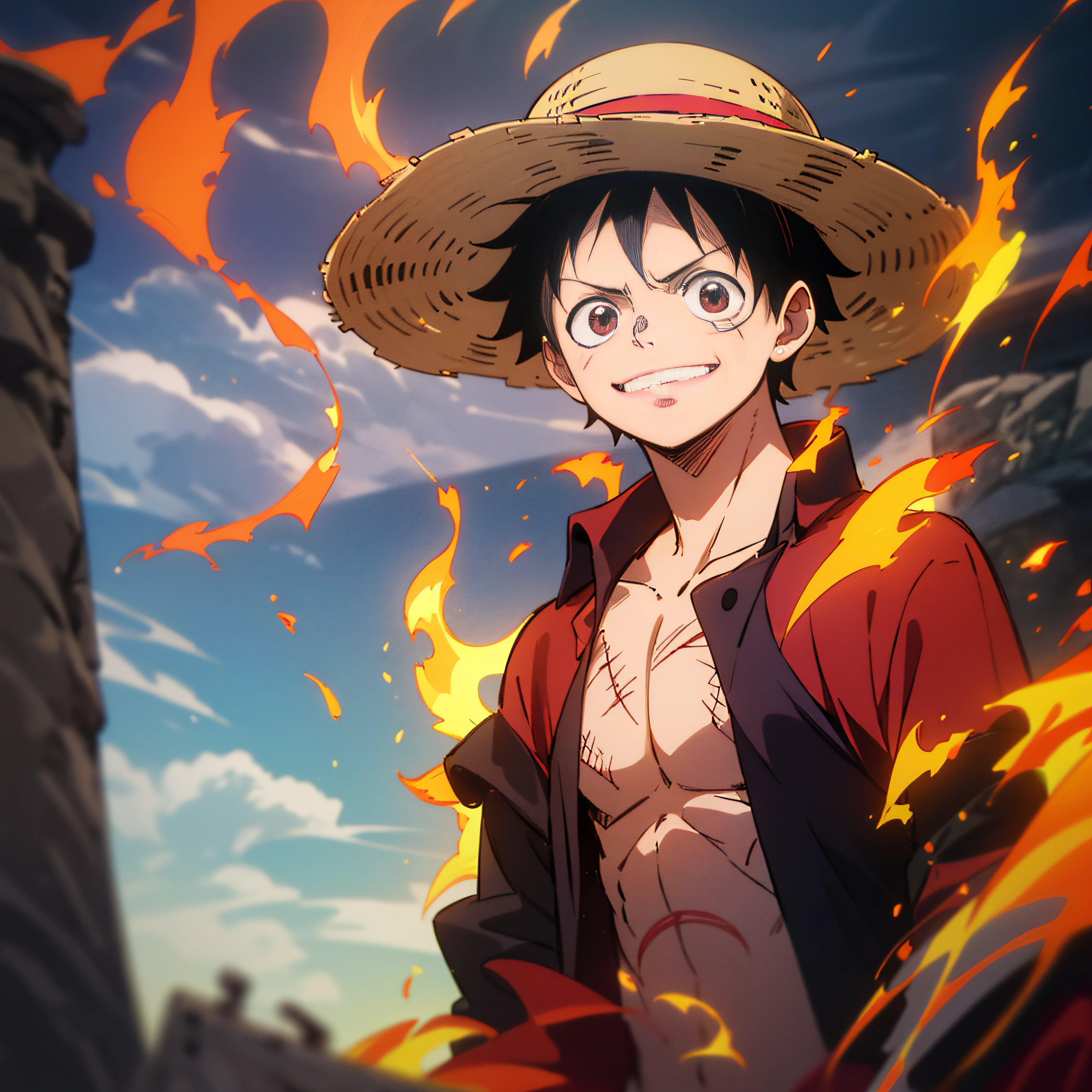 1boys, wanostyle, monkey d luffy, Smiling, Straw hat, look viewer, 独奏, Upper body, ((masterpiece)), (Best quality), (Extremely detailed), Depth of field, sketch, dark intensive shadows, Sharp focus quality, hdr, Colorful, Good composition, There were fires all around, spectacular, Closed shirt, Anime screenshots, Scars under the eyes, getting ready to fight, Dark eyes，deep of field，Sea backgroun，ship，sunrays，Red clothes，
