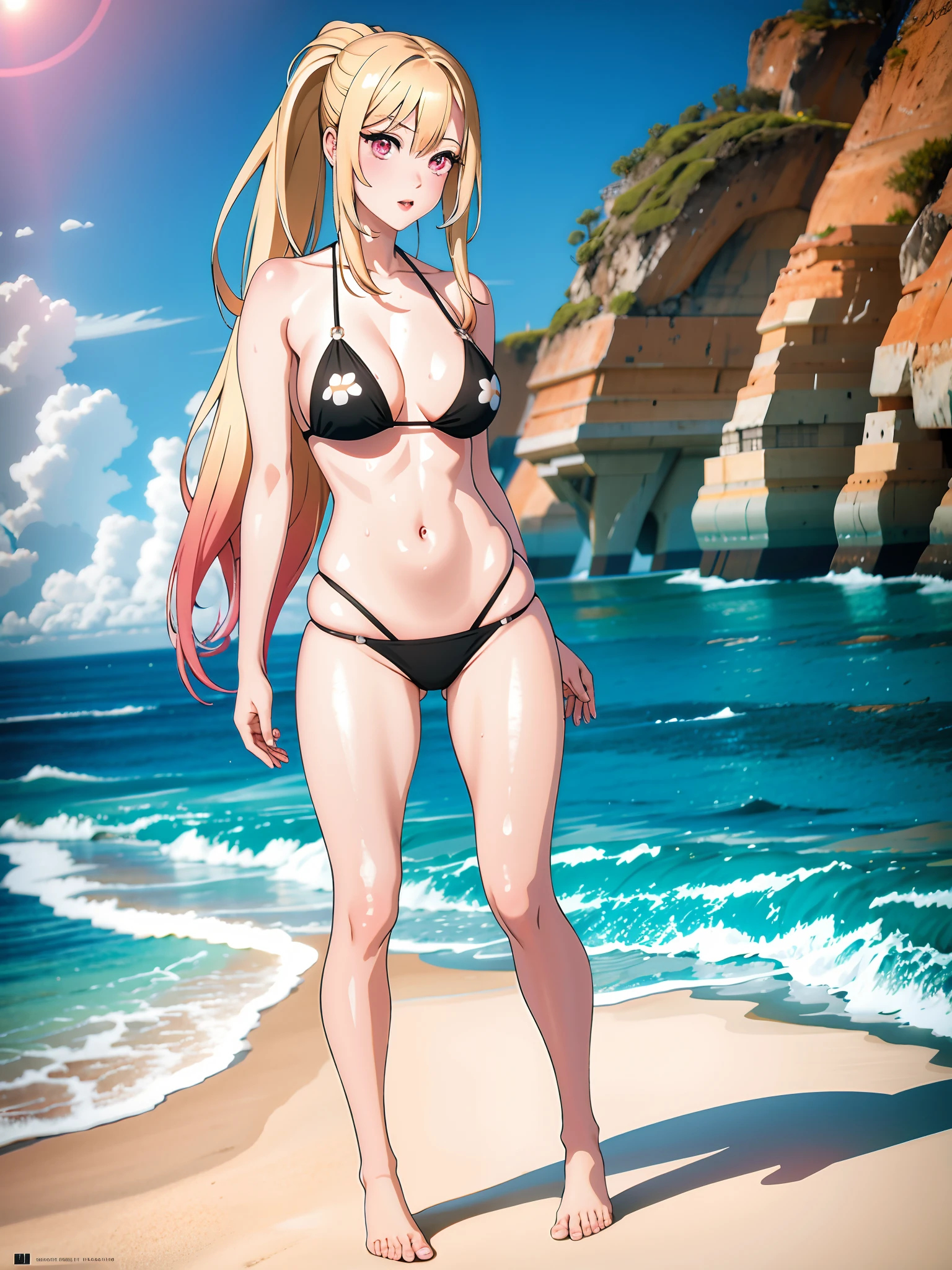 1girl, beautiful face, perfect face, (detailed face:1.5), blonde hair, beautiful ponytail hair, beautiful eyes, pink eyes, black bikini, perfect boobs, (full body in frame), beautiful beach, (beach background), perfect sand, photorealistic sea side, (photography, masterpiece), (masterpiece:1.5), (high resolution:1.5), absurdres, extreme detail on subject, high quality, highres, extreme details, realistic, realistic Lighting, directional lighting, best dynamic range, best_quality, (best resolution:1.5), (ultra high res, 4k resolution,)