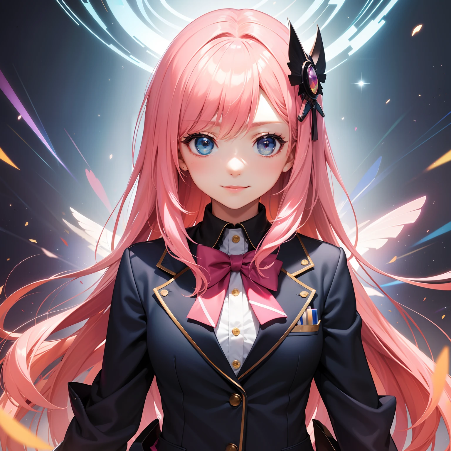 full body Esbian, masutepiece: 1.2, Highest Quality), (Live-action, elaborate details), (1 Lady, Solo, Upper body,) Clothing: Edgy, Navy Blazer, pink miniskirt, High School Uniform , Avant-garde, Experimental appearance: Long pink hair Location: School, crass room, Solo, Nice smile, spark of light, rainbows、brilliance、Value Creation in Mixed Media Art: individuality, authenticity, Creative expression