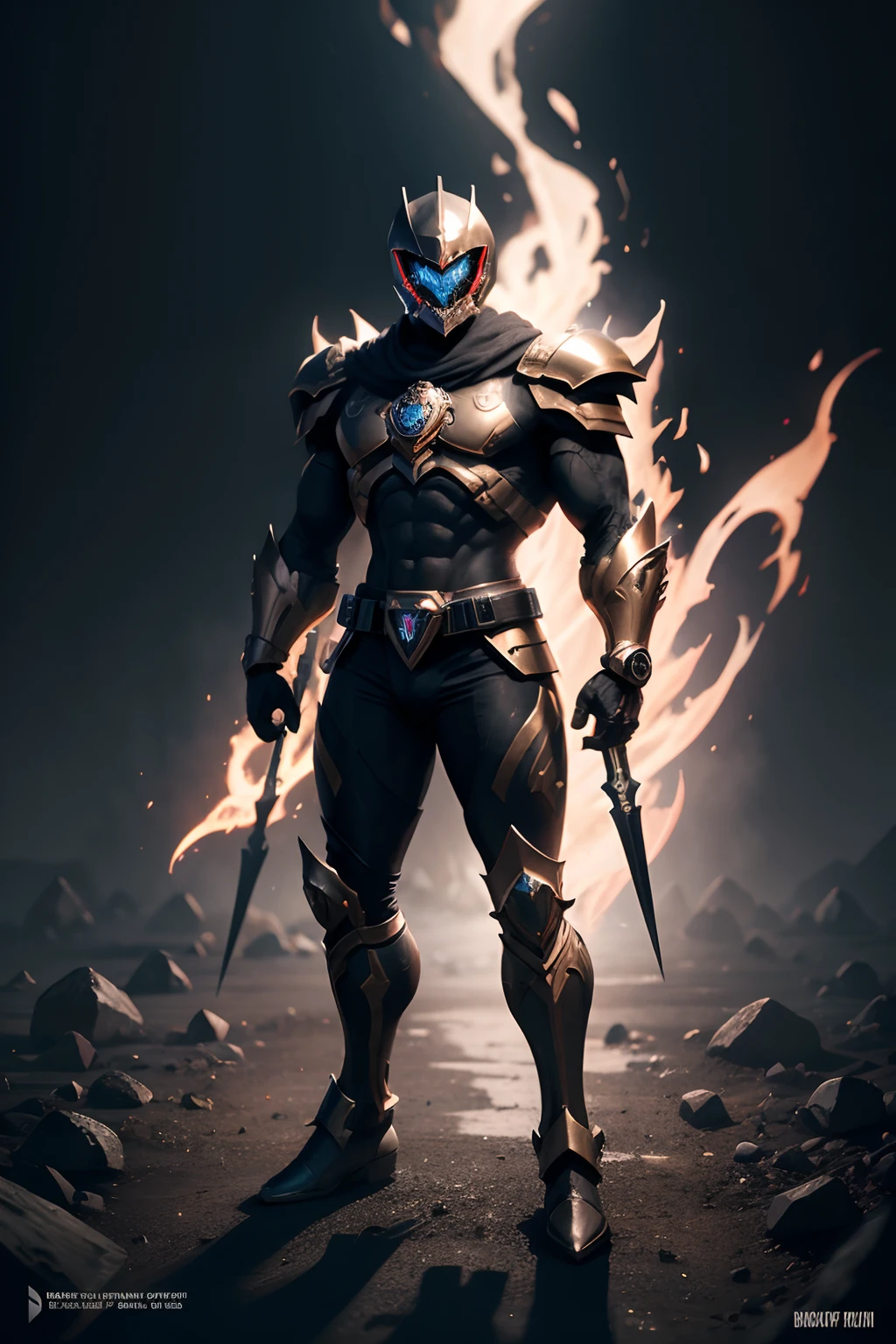 create a death theme power ranger , full body , mythic , black background ,a bit ancient theme