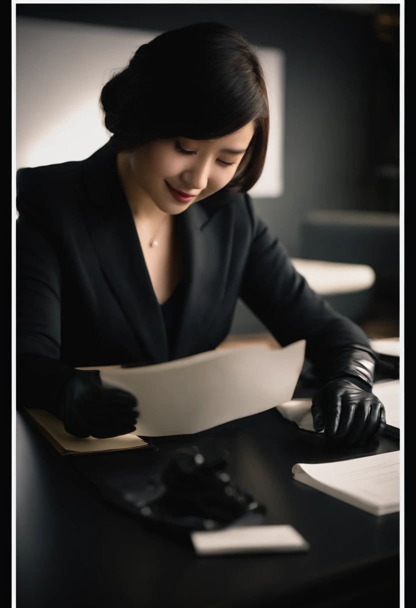 Wearing black leather gloves in both hands, upper body, black business suit, facing the desk in the modern study in the dark, looking down, smiling, writing a letter using a fountain pen, long, straight black hair, young and cute face Japanese female new employee (black leather gloves cover both hands)