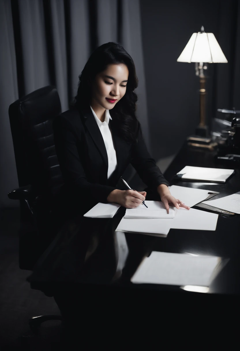 Wearing black leather gloves in both hands, upper body, black business suit, facing the desk in the modern study in the dark, looking down, smiling, writing a letter using a fountain pen, long, straight black hair, young and cute face Japanese female new employee (black leather gloves cover both hands)