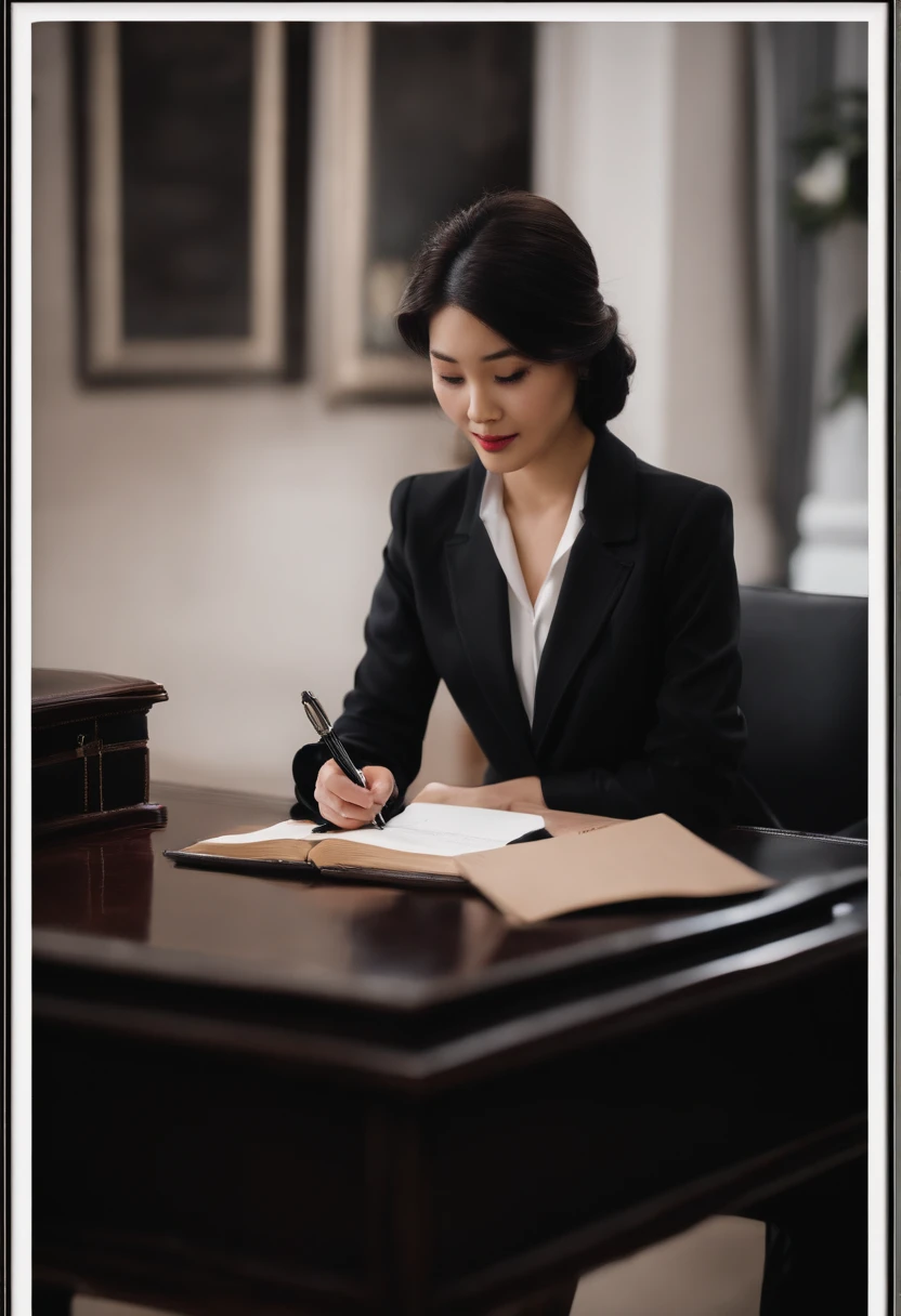 Wearing black leather gloves in both hands, upper body, black business suit, facing the desk in the modern study in the dark, looking down, smiling, writing a letter using a fountain pen, long, straight black hair, young and cute face Japanese female new employee (black leather gloves cover both hands)