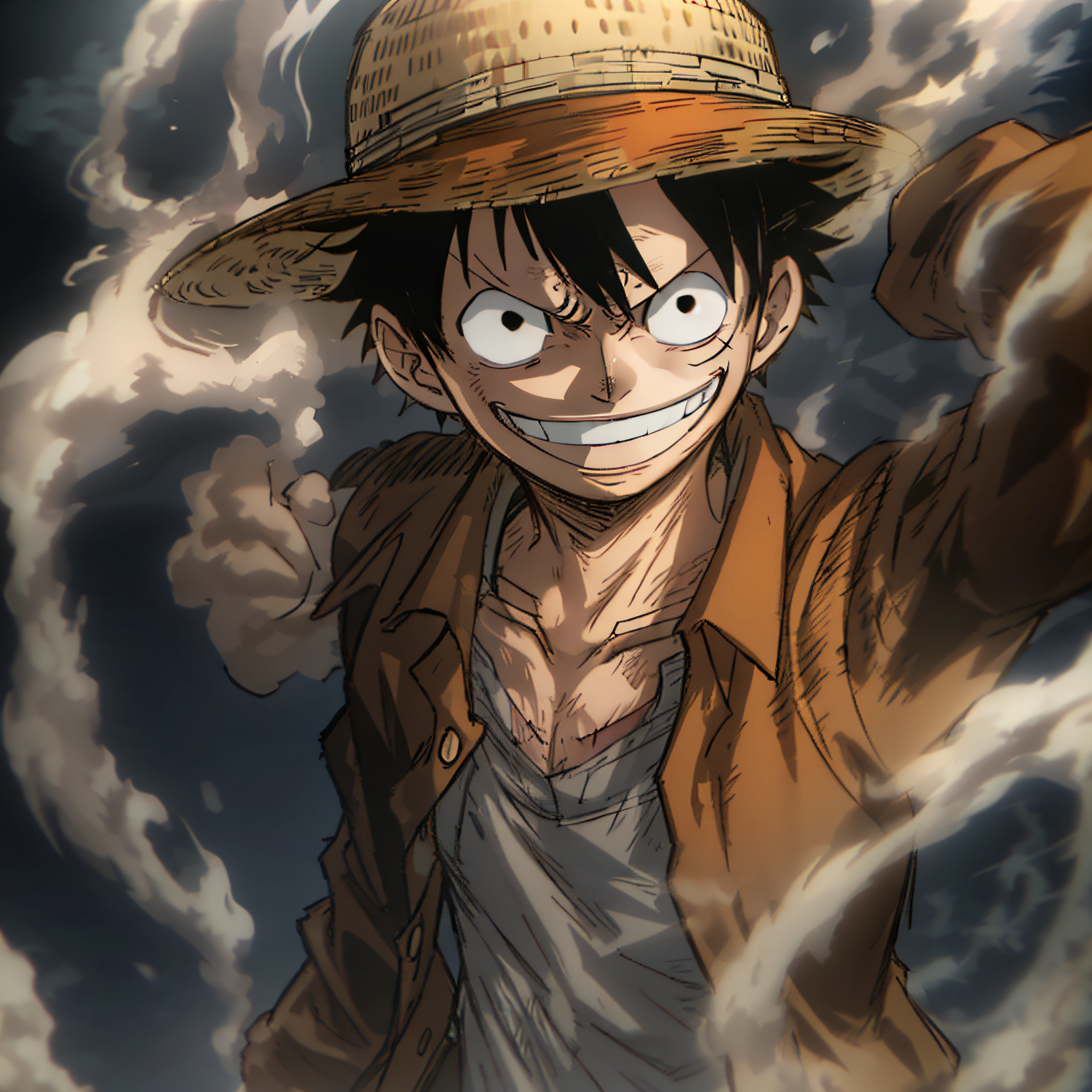 1boy, wanostyle, monkey d luffy, smiling, straw hat, looking at viewer, solo, upper body, ((masterpiece)), (best quality), (extremely detailed), depth of field, sketch, dark intense shadows, sharp focus, soft lighting, hdr, colorful, good composition, smoke all around, spectacular, closed shirt, anime screencap, scar under eye, ready to fight, black eyes, outdoors, night, fifth gear