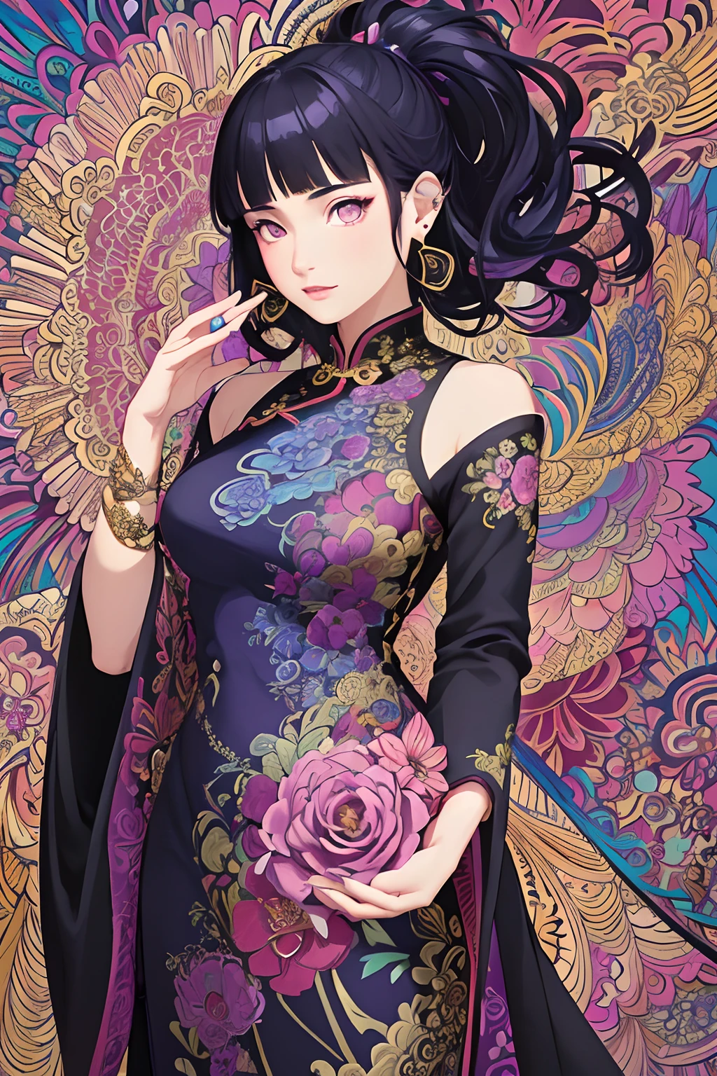 (masterpiece, top quality, best quality, official art, beautiful and aesthetic:1.2), (1girl:1.3), extremely detailed,(fractal art:1.1),(colorful:1.1)(flowers:1.3),highest detailed,(zentangle:1.2), (dynamic pose), (abstract background:1.3), (chinese dress:1.2), (shiny skin), (many colors:1.4), ,(earrings:1.4), Blunt Bangs, purple eyes,long wavy dark blue hair