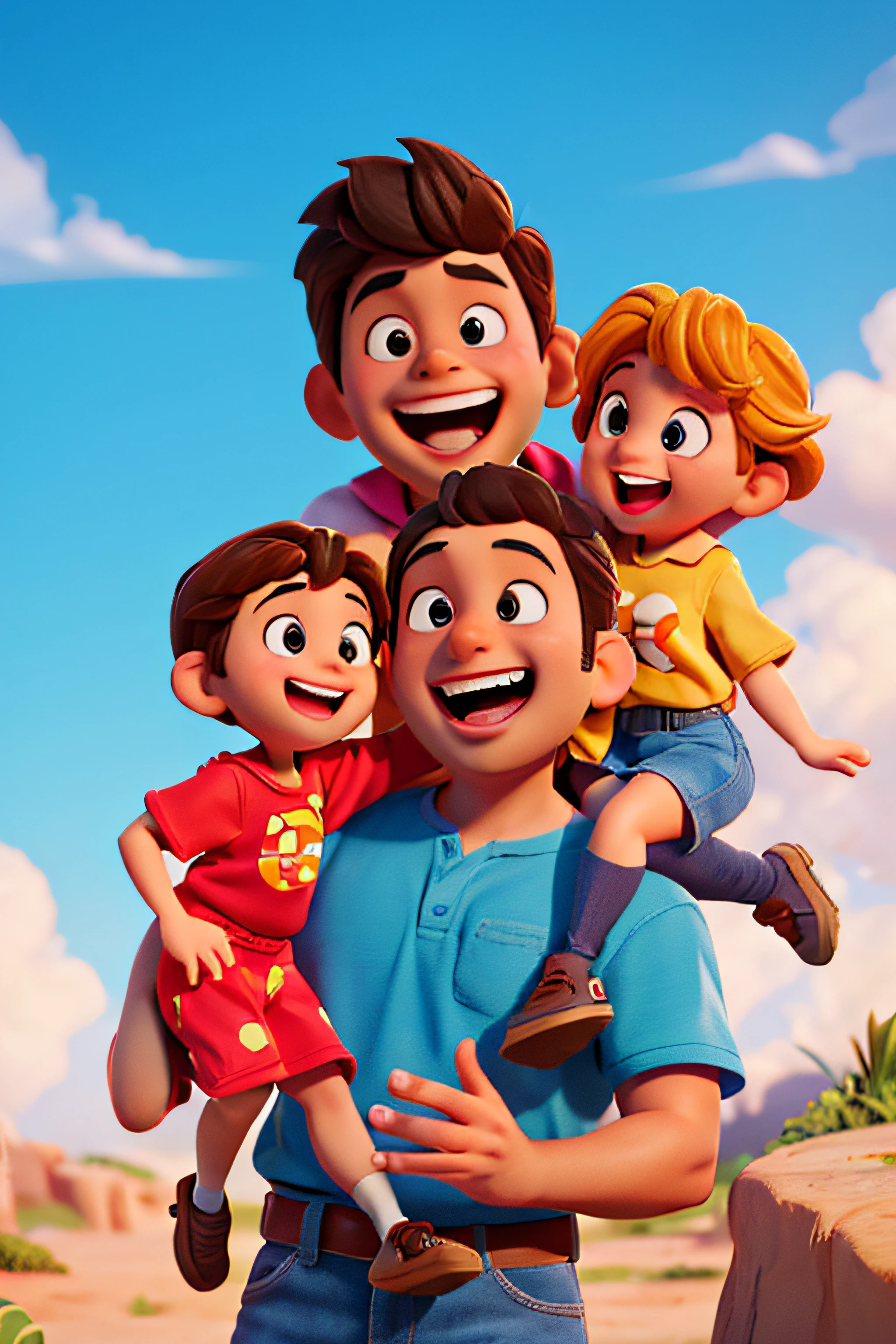 A father, a boy, and a girl, all laughing with big laughter, cover of a children's book, (best quality, 4k, 8k, highres, masterpiece:1.2), Disney Pixar style.