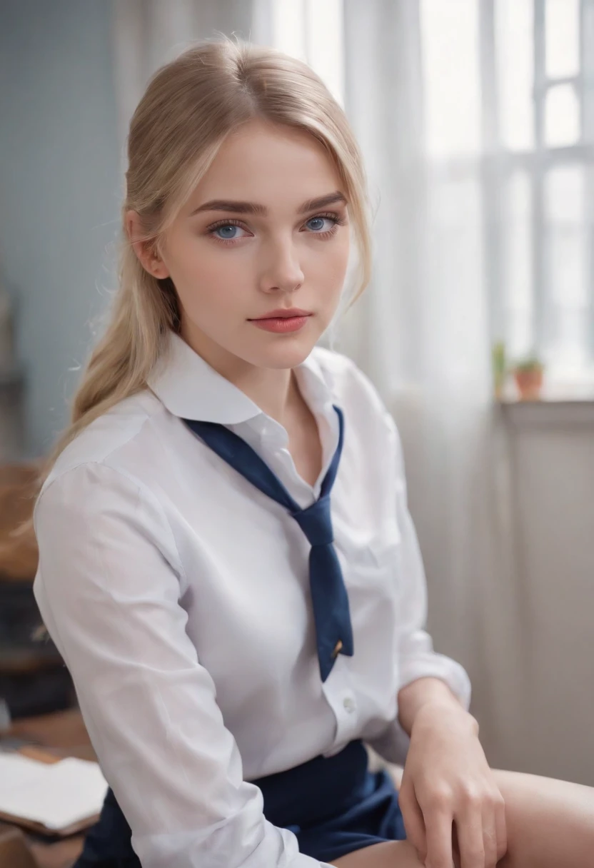 1 girl, hyperrealistic, school girl, uniform,20 years old, very beatifull,School uniform blue eyes, blonde hair, open legs,on desk, backround flue, 8k, touching legs, ,cowboy shot
