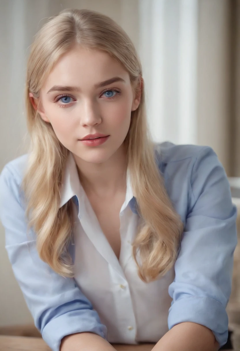 (best quality, 4k, 8k, highres, masterpiece:1.2),hyperrealistic,school girl (20 years old),(very beautiful,beautiful:1.1) detailed (blue-eyed,beautiful detailed eyes:1.1, blue eyes:1.1) (blonde-haired, blonde hair:1.1) girl, (wearing, dressed in) a (school, schoolgirl) , huge breasts,(sitting on,sitting at,occupied desk,desk) with (open legs, legs apart),(with, against) a (blue, bluish) (background, backdrop),(touching, caressing, grazing)(her, girl's) (legs, thighs),(in a, at a, typical) (teen, teenage) (cowboy shot, sitting position),(captured, rendered, portrayed) in (8k ultra, ultra-high definition, high definition) resolution.