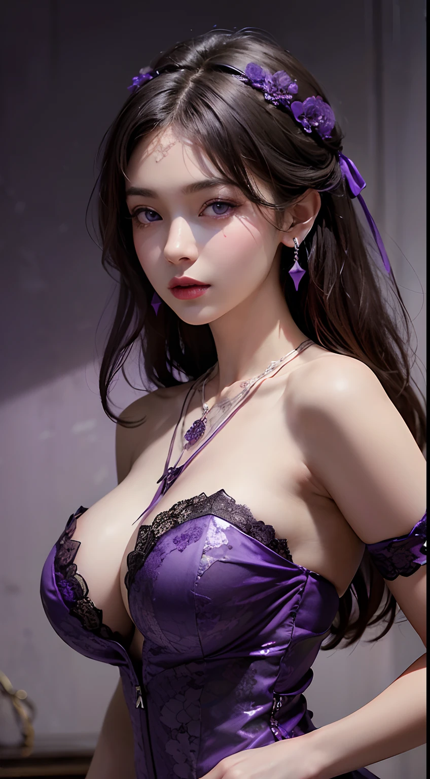 Beautiful and sexy 20-year-old girl, Extremely sexy girl in a thin purple strapless nightgown, purple silk nightgown with sexy lace trim, Long hair and purple bangs , The most detailed and beautiful hair jewelry, ((Wearing a purple lace necklace:1.6)), Super cute little face, very pretty face, sparse eyebrows, Beautiful and flawless face, ((pupils, black eyes;:0.8)), Very Beautiful Eyes, ((violet eyes:1.4)), Beautiful makeup and detailed eyelashes, high nose, earings, red-lips, ((closed mouth:1;5 )) Beautiful lips, Thin Hands, The most beautiful hips, ((2 hands, elongated to the sides: 1.5)), Healthy limbs, ruddy face, Face Clean, Beautiful flawless spots on the face, Smooth white skin, (big breasts: 1.5)), plump breasts, Beautiful neckline, ((Large and super round breasts: 1.8)), ((Super toned breasts: 1.4)) , ((Super Breast Augmentation : 1.6)), beautiful breasts, 2 hands behind your back, The upper part of the body of a beautiful girl, Photos 8K, Super High Quality, super realistic, 10x super pixel, real-photo, dark studio, Light border, Two-tone light color , (high-detailed skin: 1.2), Ультра 8K, soft light, hiquality, voluminous lighting, Realistic, photo, High Resolution, illumination, best photo, 4K quality, 8K , Blur Effect, Smooth and sharp, 10x pixels , (galaxy: 1.7), aurora, zipper, Surreal graphics, The most realistic graphics, Odin, 独奏, Extremely spicy, Surreal images , (((front portrait :1.2)))."