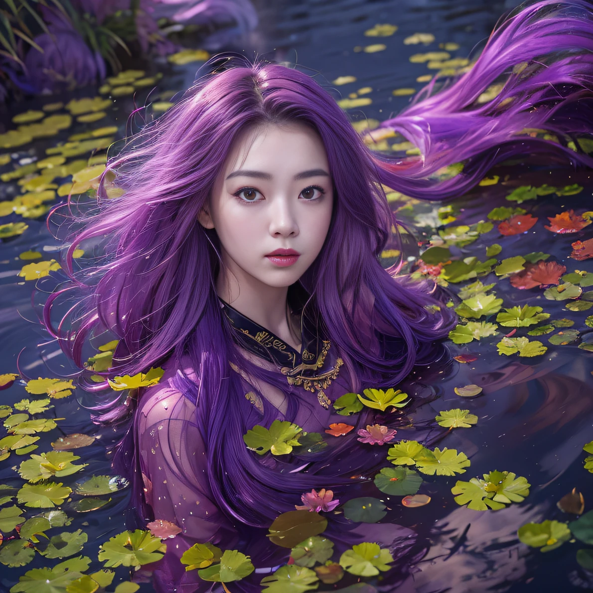 Genki Girl 32K(tmasterpiece,k hd,hyper HD,32K)Long flowing bright purple hair,Autumn Pond,zydink, a color, Asian people (Genki girl), (Silk scarf), Combat posture, looking at the ground, long whitr hair, Floating bright purple, Fire cloud pattern gold tiara, Chinese long-sleeved gold silk garment, (Abstract metaverse splash:1.2), white backgrounid,Lotus vitality protector(realisticlying:1.4),Bright purple hair,Smoke on the road,The background is pure, A high resolution, the detail, RAW photogr, Sharp Re, Nikon D850 Film Stock Photo by Jefferies Lee 4 Kodak Portra 400 Camera F1.6 shots, Rich colors, ultra-realistic vivid textures, Dramatic lighting, Unreal Engine Art Station Trend, cinestir 800,A girl with long flowing bright purple hair